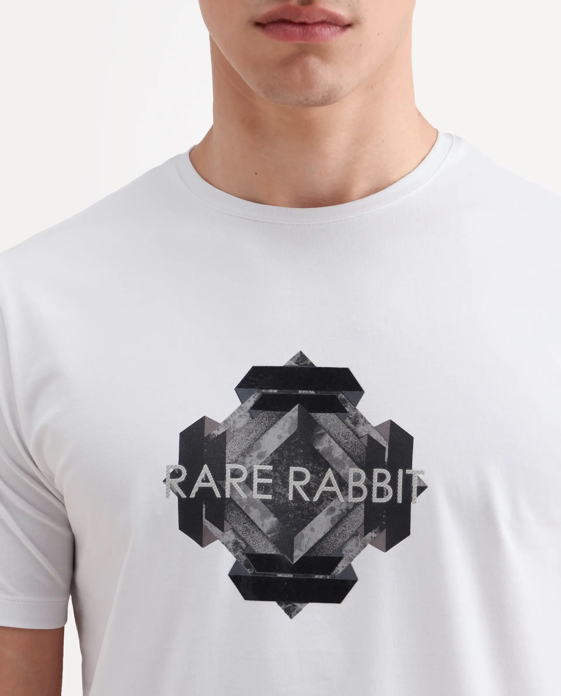 Rare Rabbit Men's Kuho White Cotton Blend Fabric Half Sleeve Crew Neck Regular Fit Graphic Print T-Shirt - Image 3