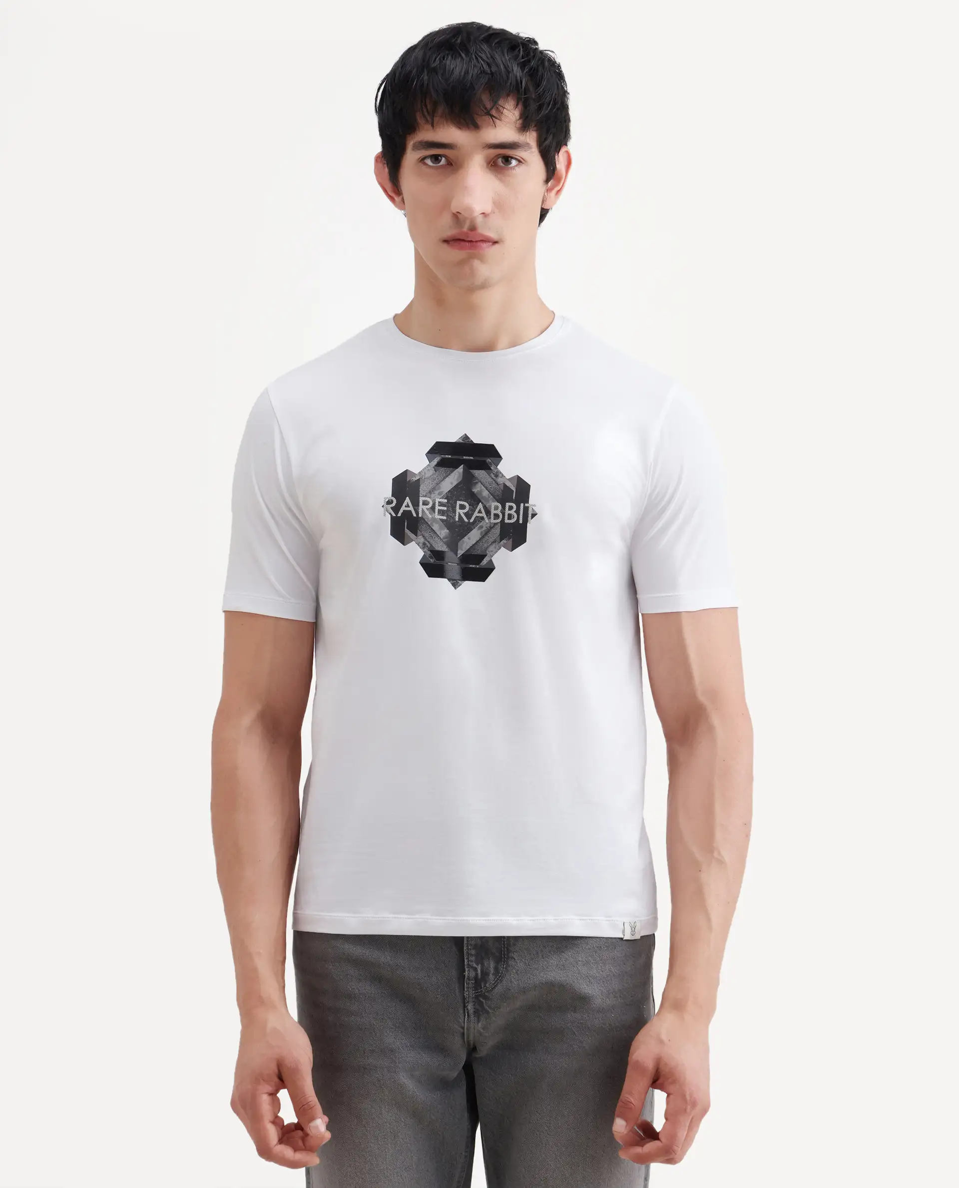 Rare Rabbit Men's Kuho White Cotton Blend Fabric Half Sleeve Crew Neck Regular Fit Graphic Print T-Shirt - Image 4