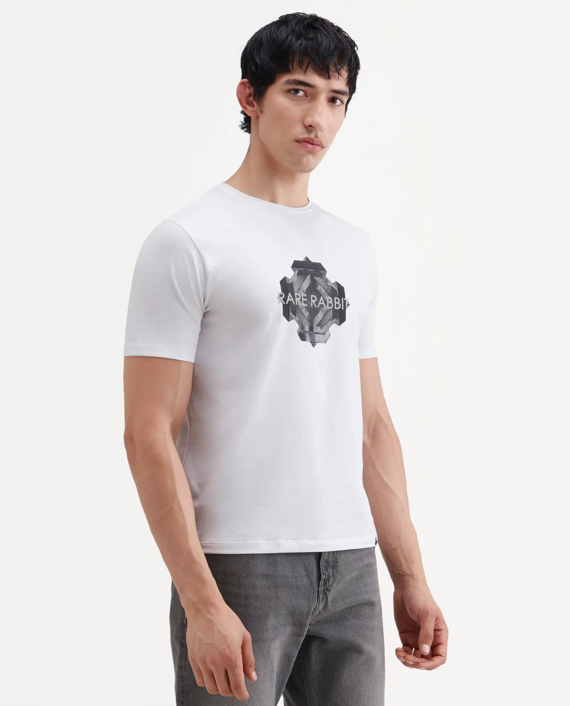Rare Rabbit Men's Kuho White Cotton Blend Fabric Half Sleeve Crew Neck Regular Fit Graphic Print T-Shirt - Image 5