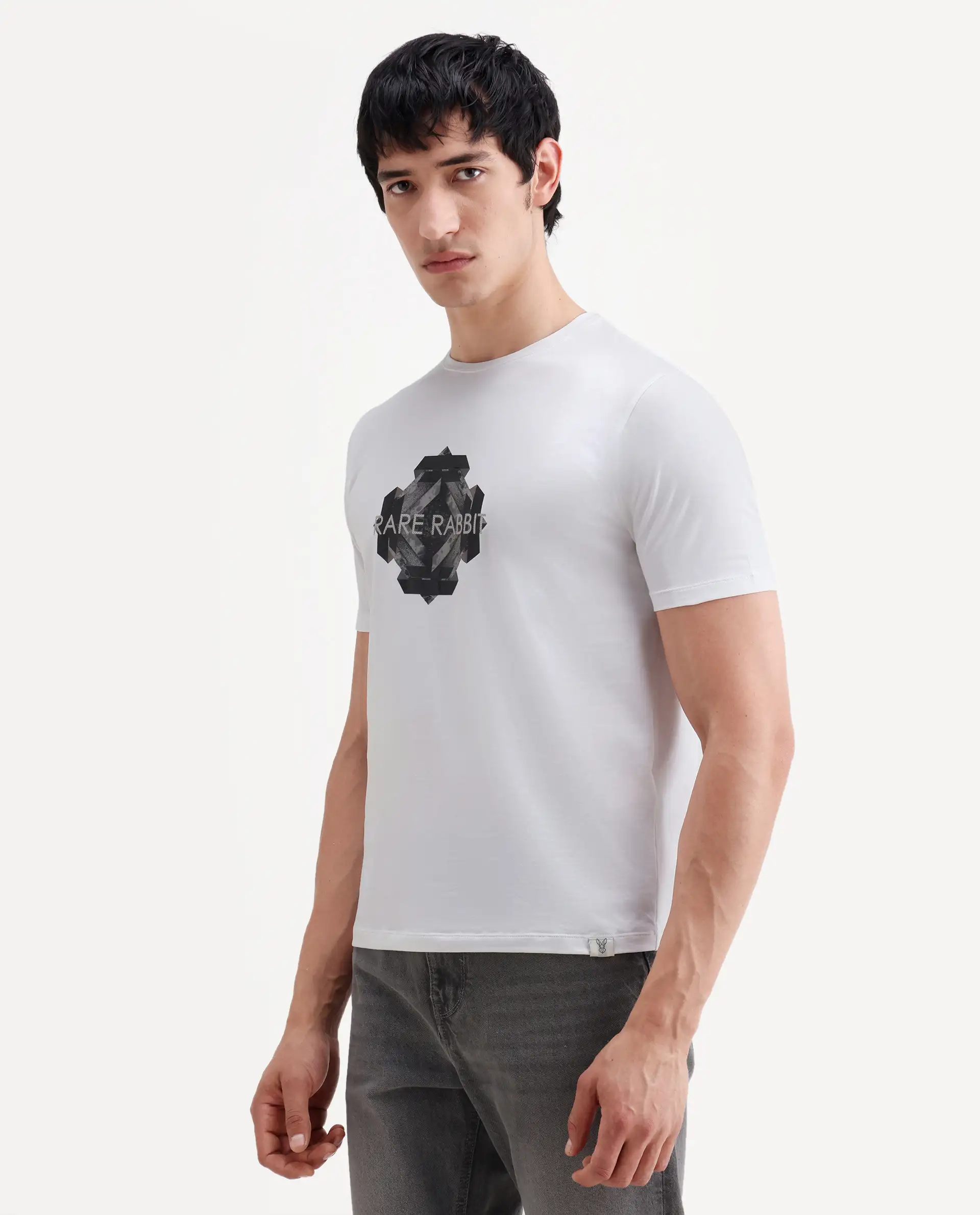 Rare Rabbit Men's Kuho White Cotton Blend Fabric Half Sleeve Crew Neck Regular Fit Graphic Print T-Shirt - Image 6