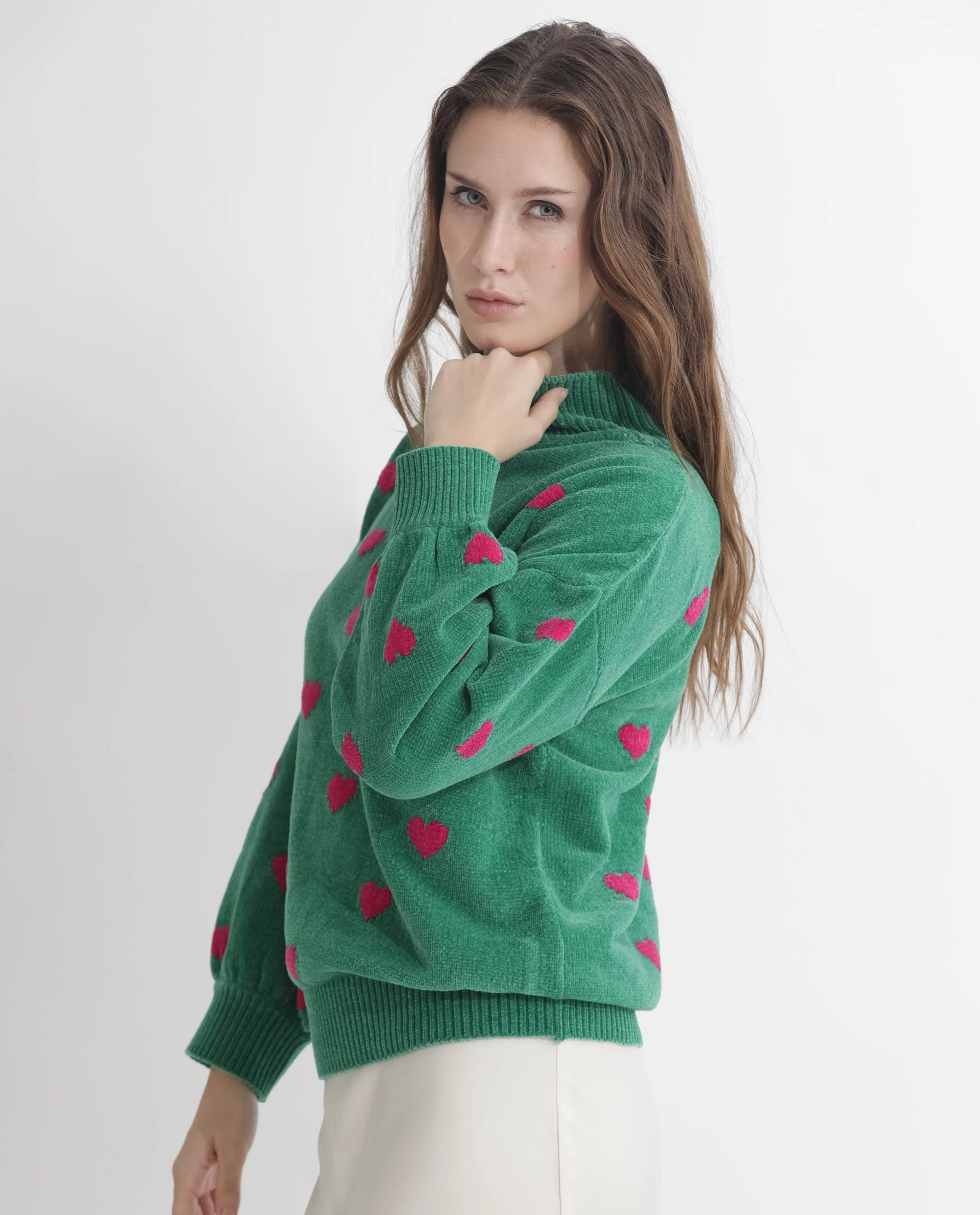 Rareism Women's Kuhre Green Polyester High Neck Color Block Balloon Sleeve Regular Fit Sweater - Image 10