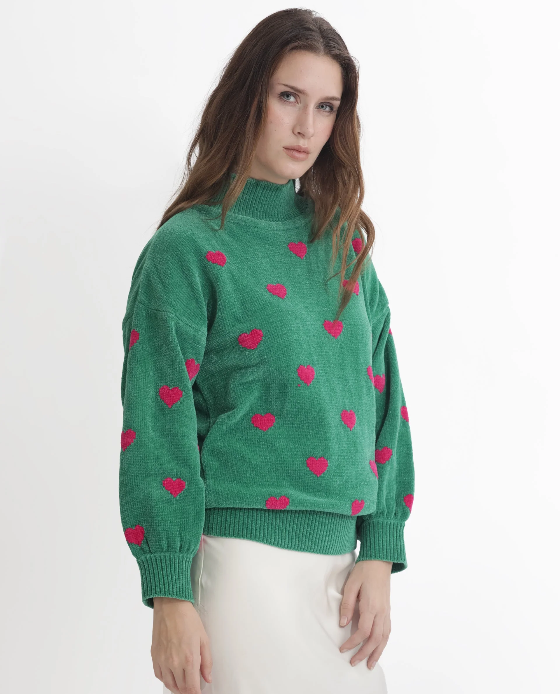 Rareism Women's Kuhre Green Polyester High Neck Color Block Balloon Sleeve Regular Fit Sweater - Image 2