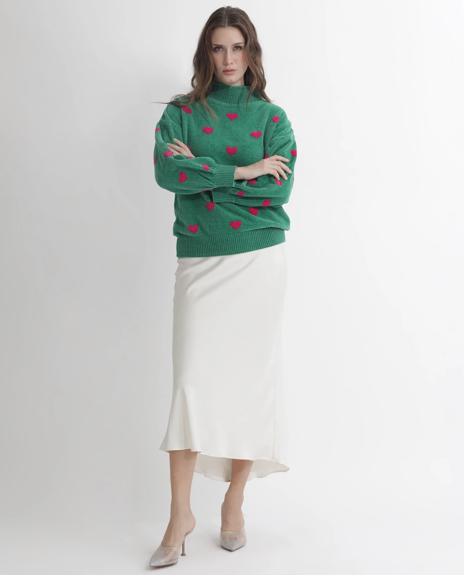 Rareism Women's Kuhre Green Polyester High Neck Color Block Balloon Sleeve Regular Fit Sweater - Image 5