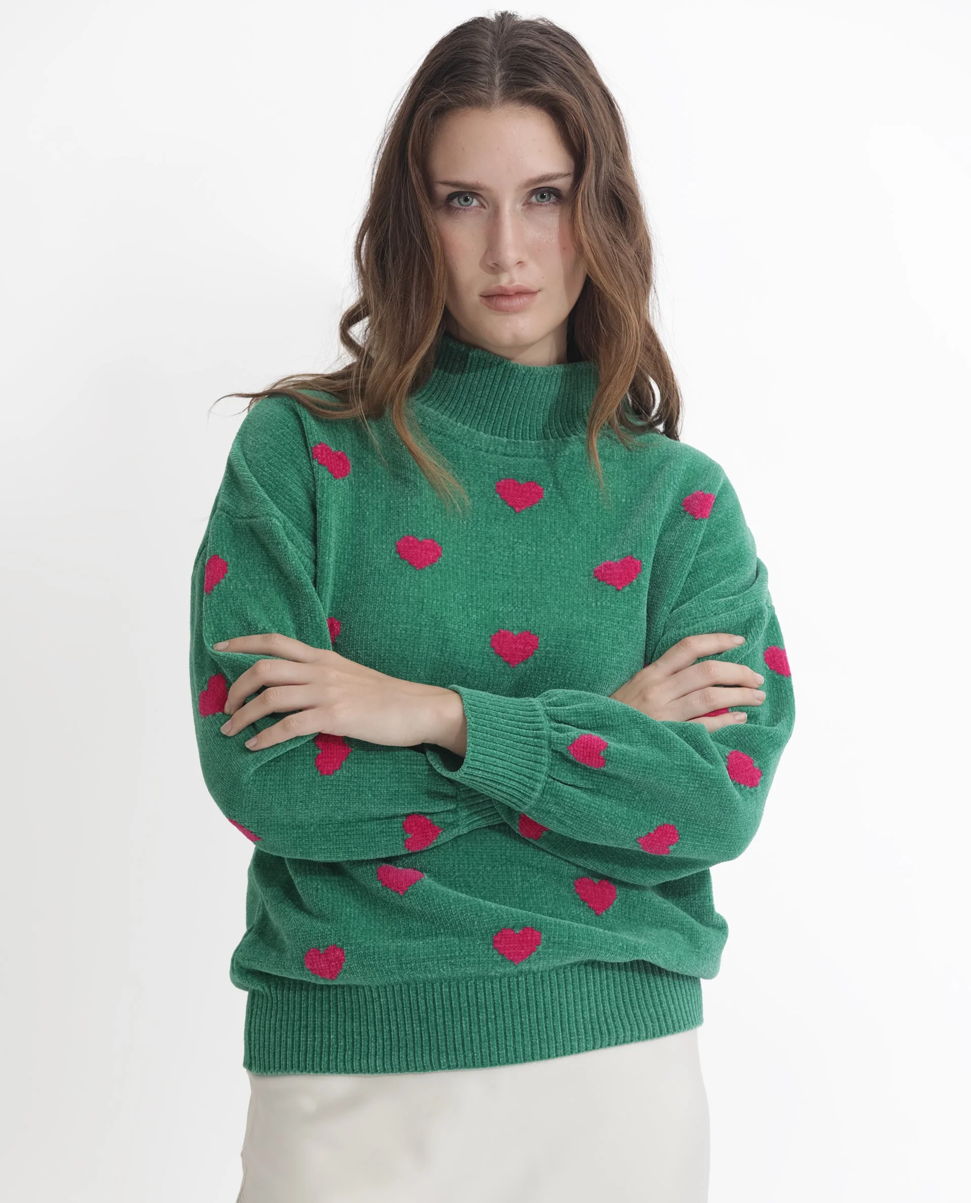 Rareism Women's Kuhre Green Polyester High Neck Color Block Balloon Sleeve Regular Fit Sweater - Image 6