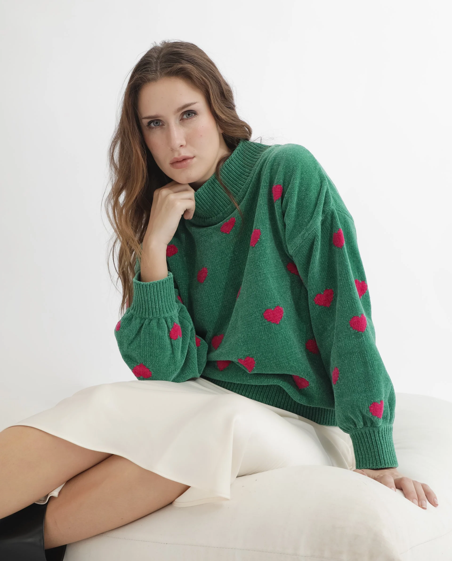 Rareism Women's Kuhre Green Polyester High Neck Color Block Balloon Sleeve Regular Fit Sweater - Image 8