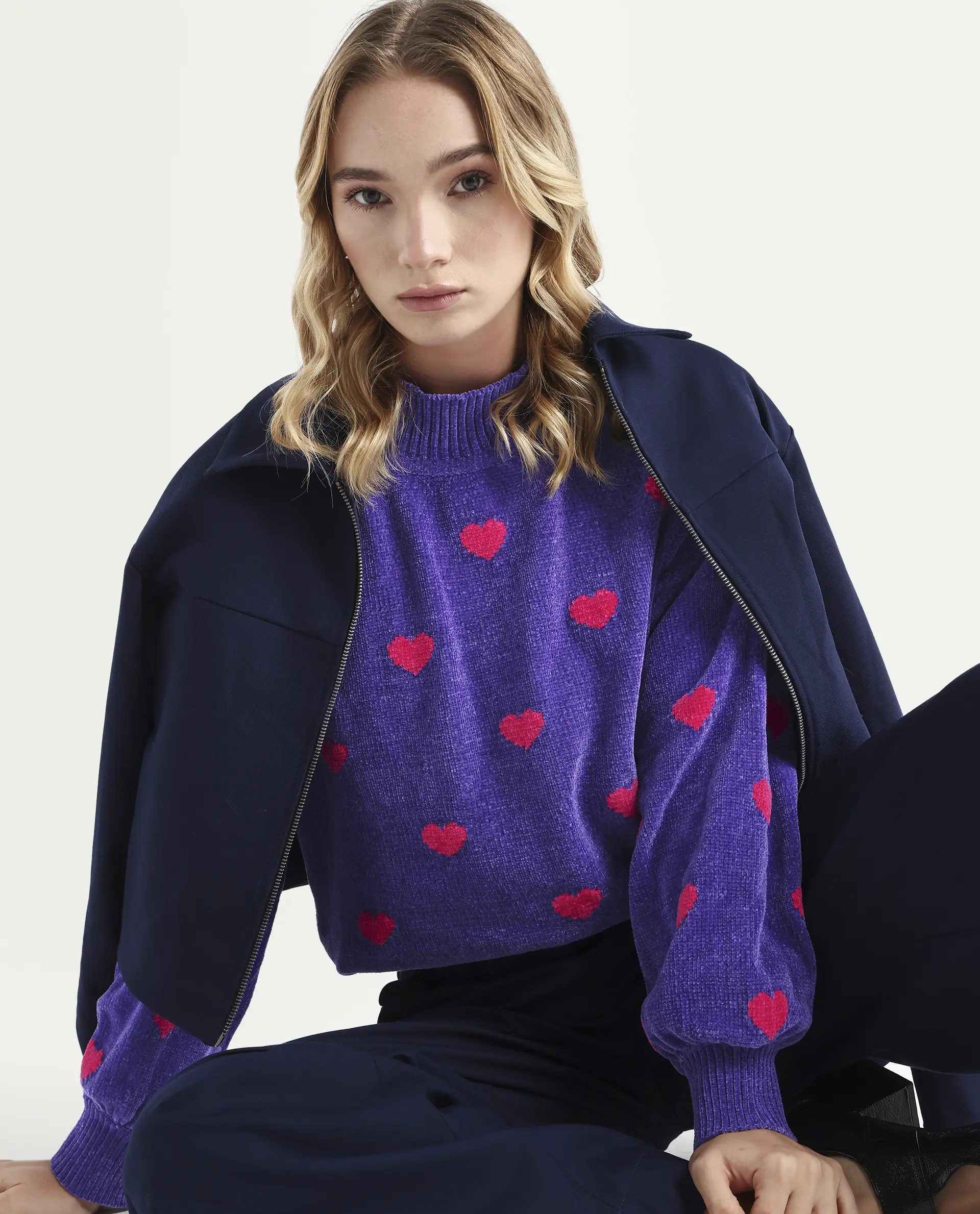 Rareism Women's Kuhre Purple Polyester High Neck Color Block Balloon Sleeve Regular Fit Sweater