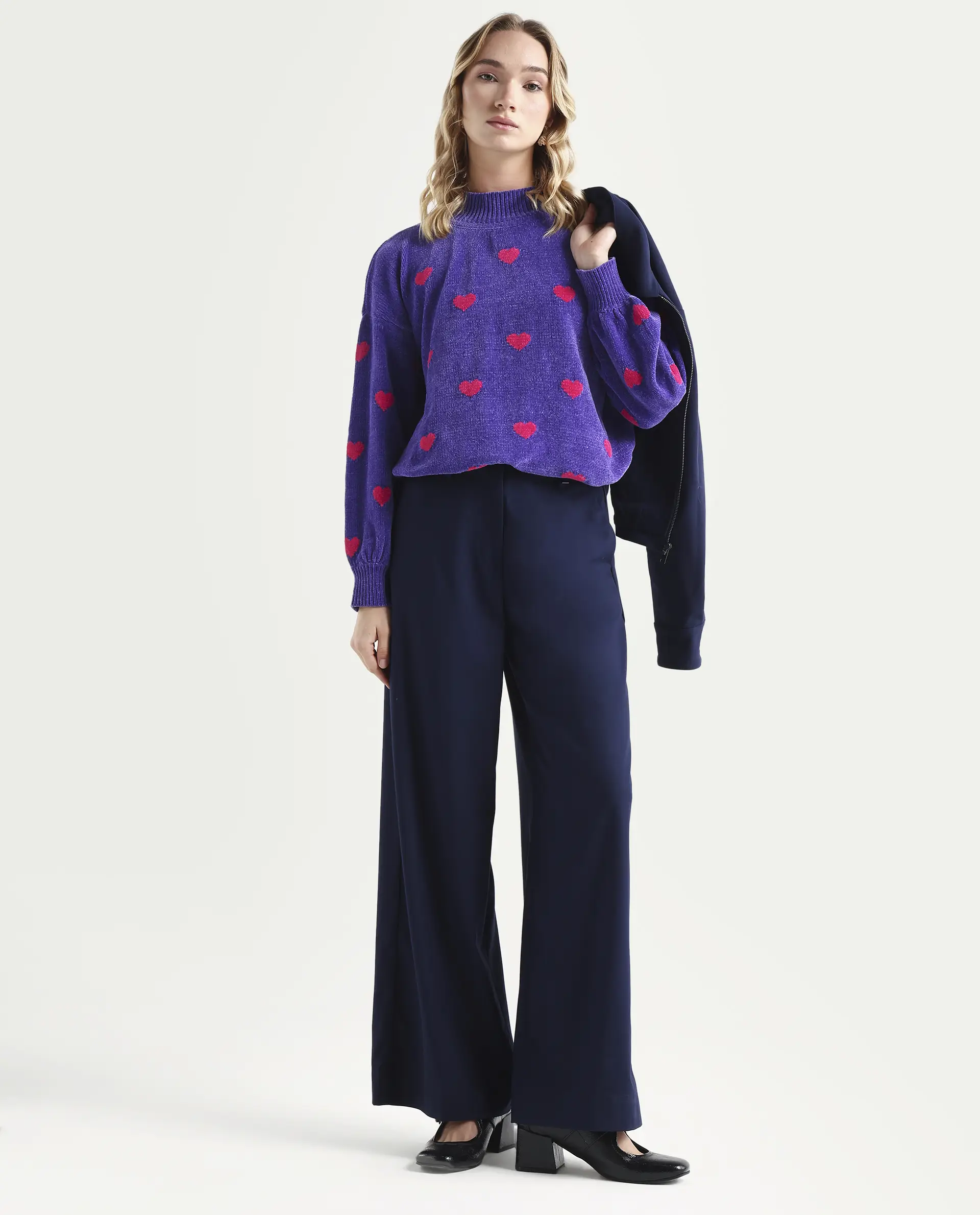 Rareism Women's Kuhre Purple Polyester High Neck Color Block Balloon Sleeve Regular Fit Sweater - Image 2