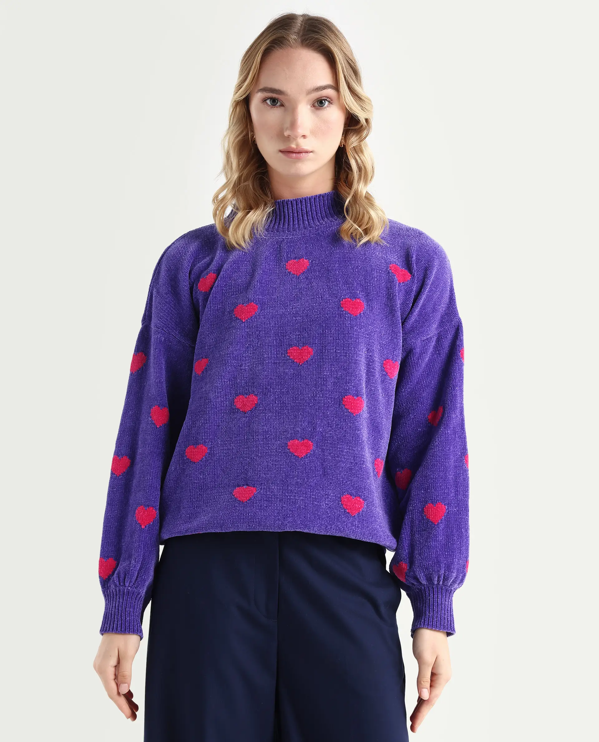 Rareism Women's Kuhre Purple Polyester High Neck Color Block Balloon Sleeve Regular Fit Sweater - Image 3