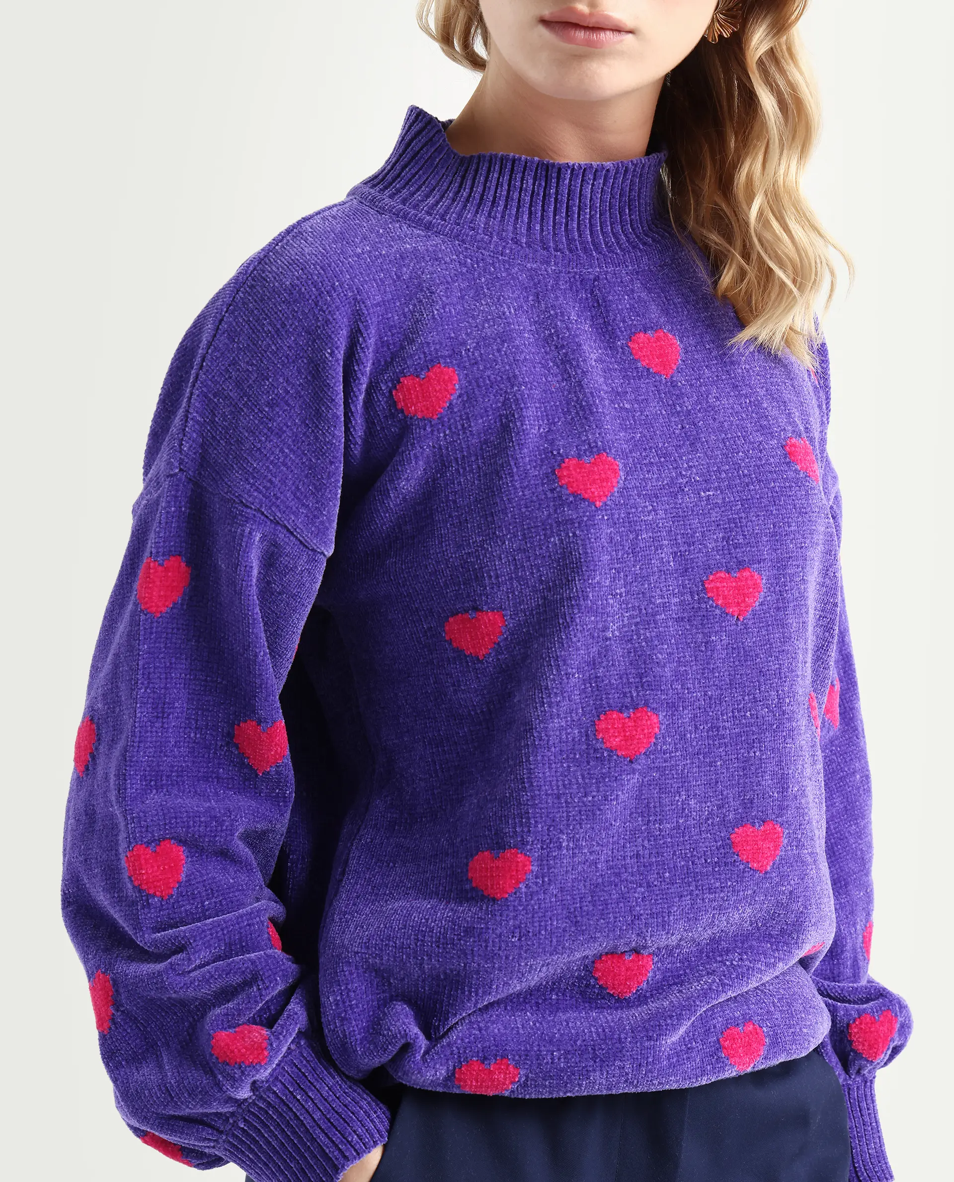 Rareism Women's Kuhre Purple Polyester High Neck Color Block Balloon Sleeve Regular Fit Sweater - Image 4
