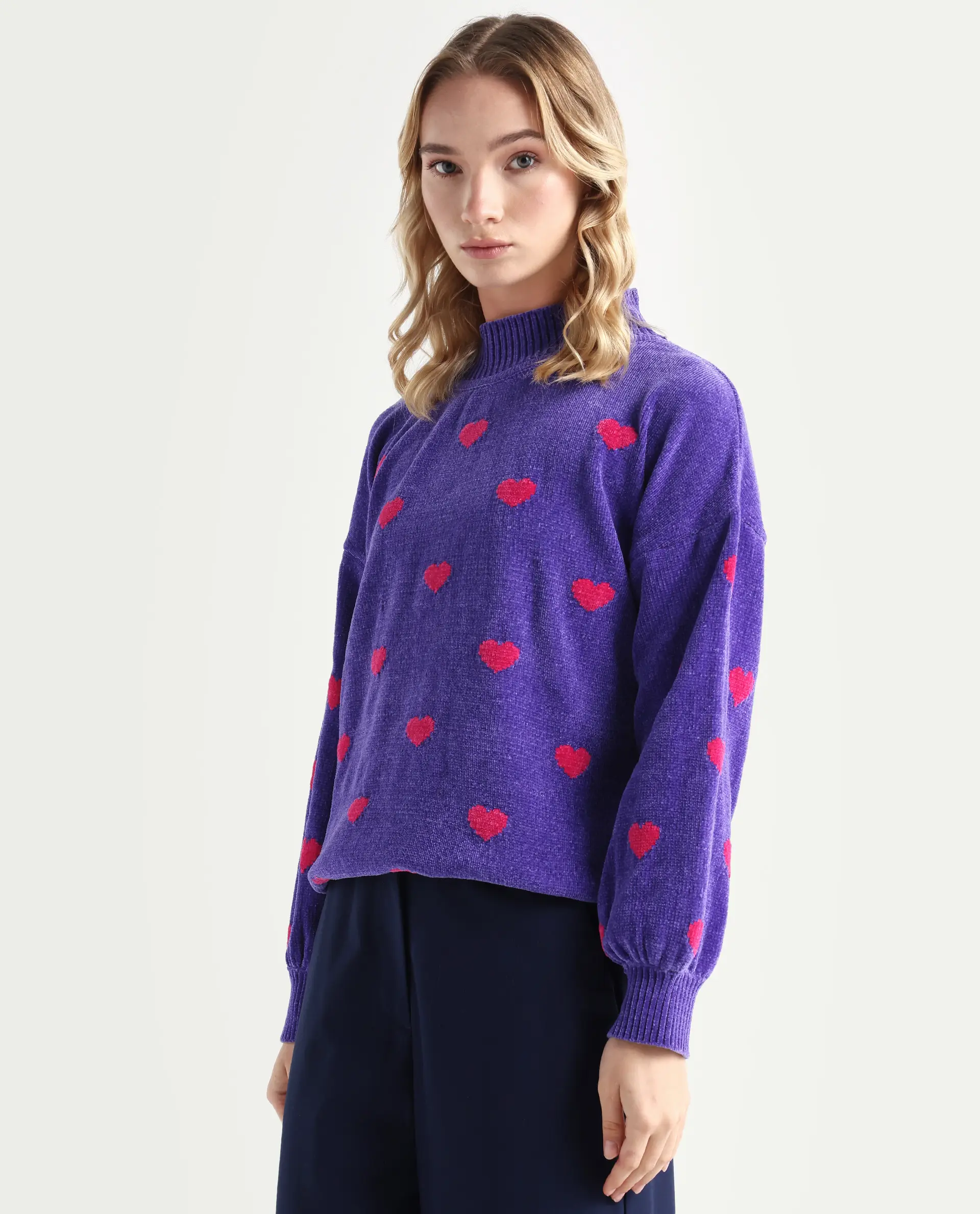 Rareism Women's Kuhre Purple Polyester High Neck Color Block Balloon Sleeve Regular Fit Sweater - Image 5