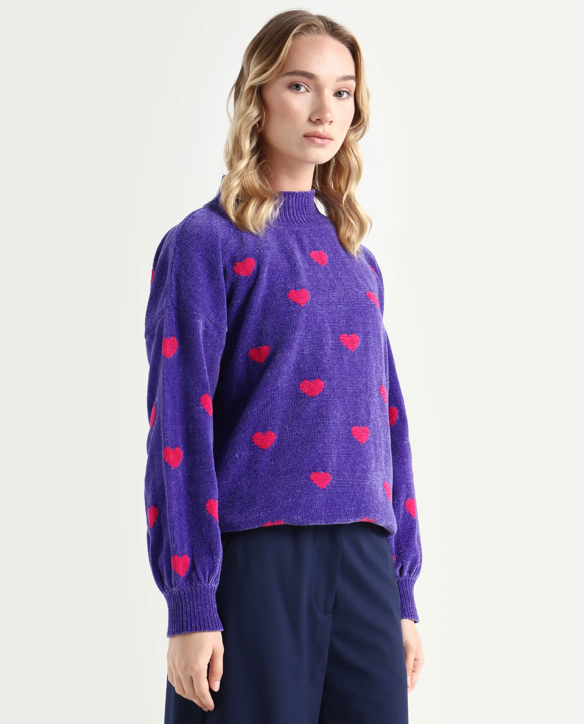 Rareism Women's Kuhre Purple Polyester High Neck Color Block Balloon Sleeve Regular Fit Sweater - Image 6