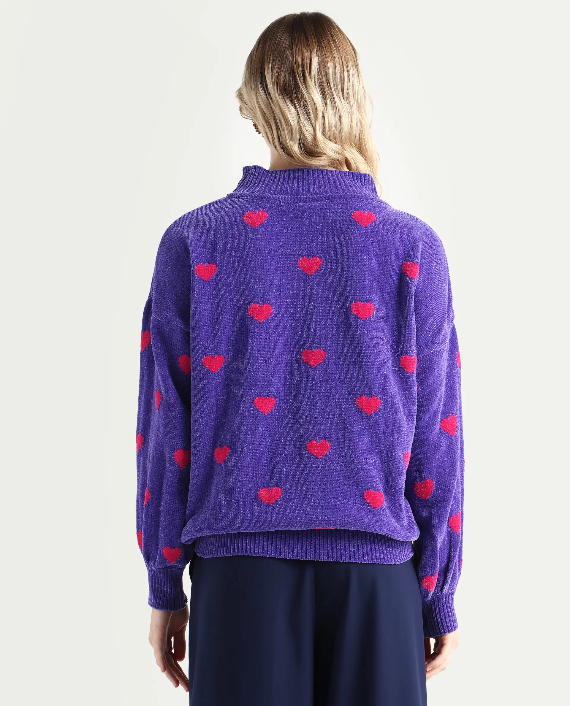 Rareism Women's Kuhre Purple Polyester High Neck Color Block Balloon Sleeve Regular Fit Sweater - Image 7