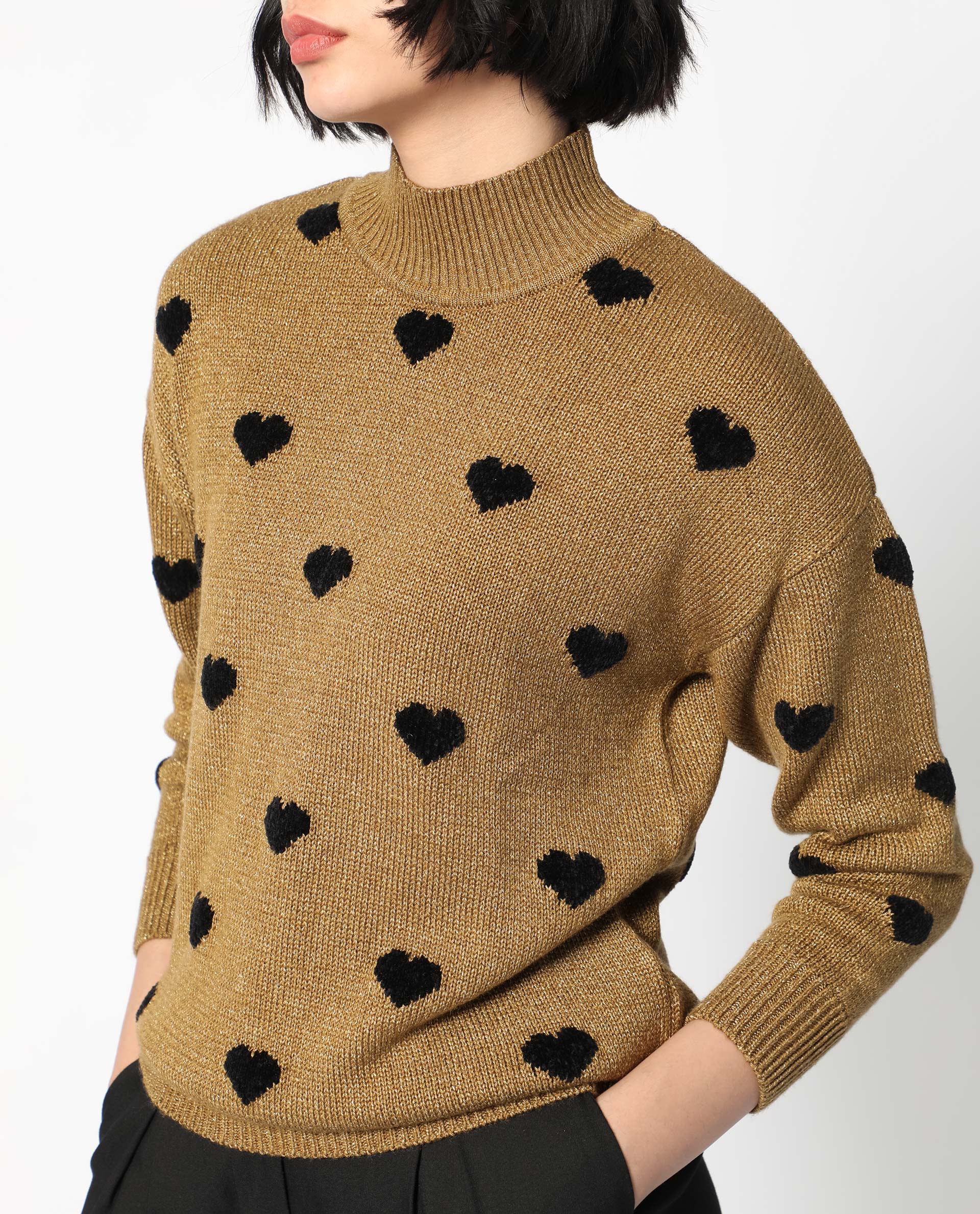 Rareism Women's Kuhret Gold Acrylic High Neck Geometric Print Regular Fit Sweater - Image 10
