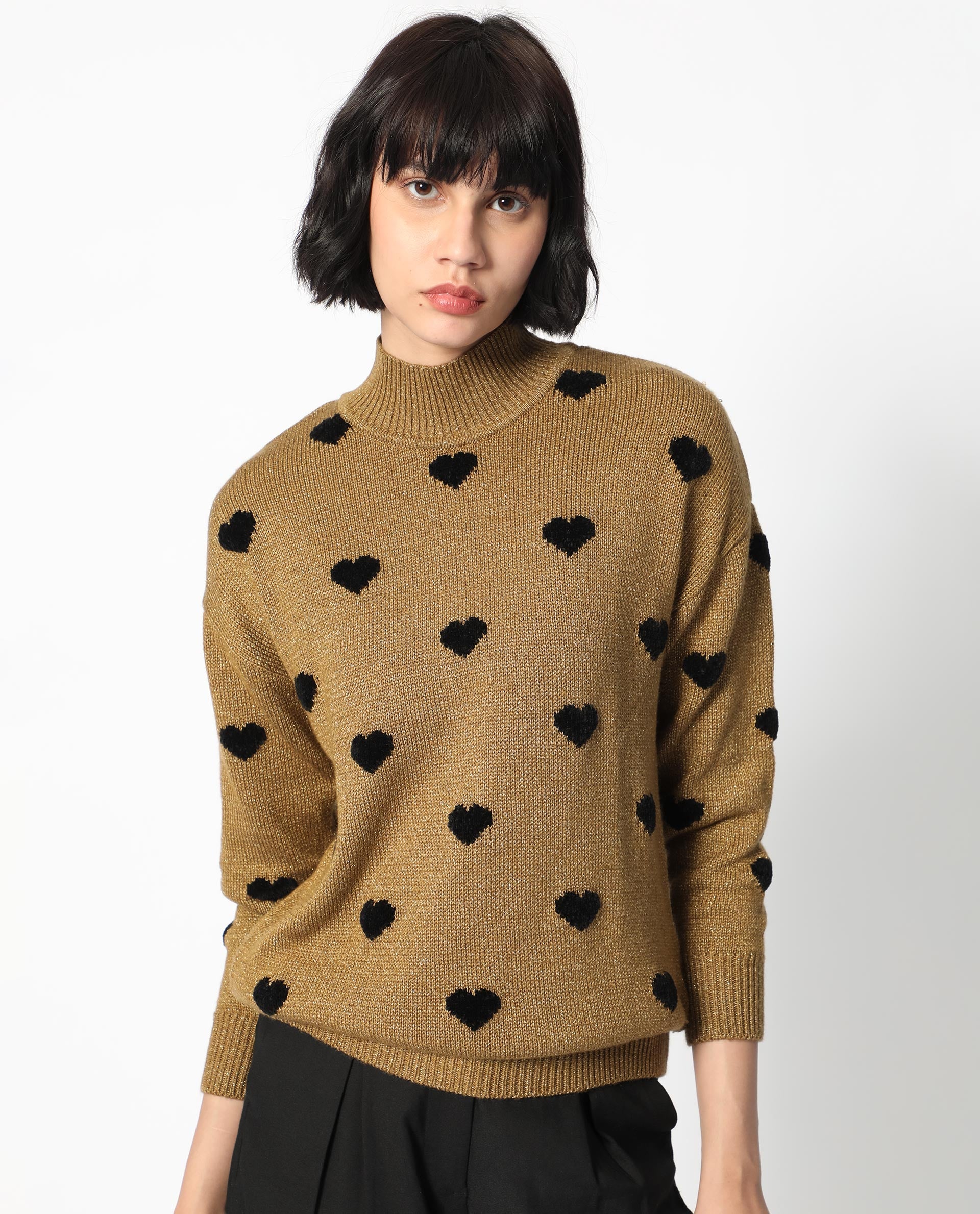 Rareism Women's Kuhret Gold Acrylic High Neck Geometric Print Regular Fit Sweater - Image 12