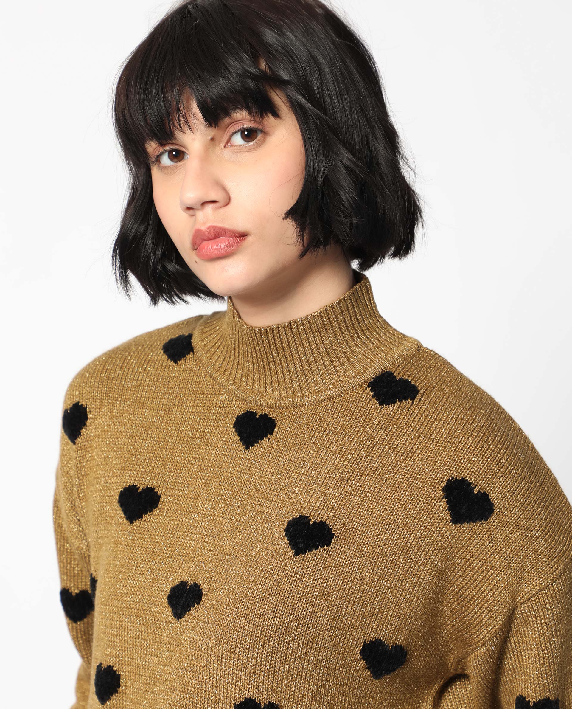 Rareism Women's Kuhret Gold Acrylic High Neck Geometric Print Regular Fit Sweater - Image 13