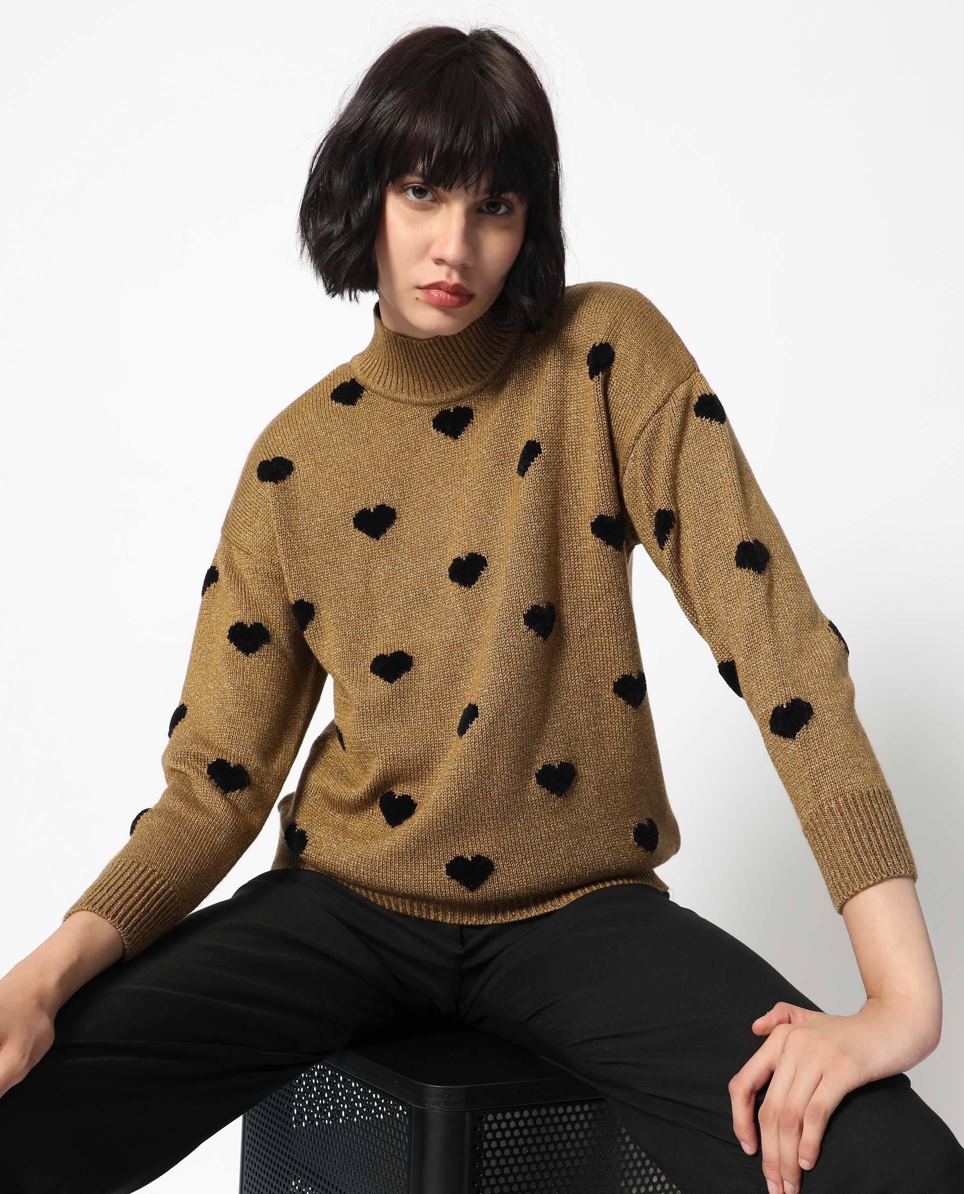 Rareism Women's Kuhret Gold Acrylic High Neck Geometric Print Regular Fit Sweater - Image 14
