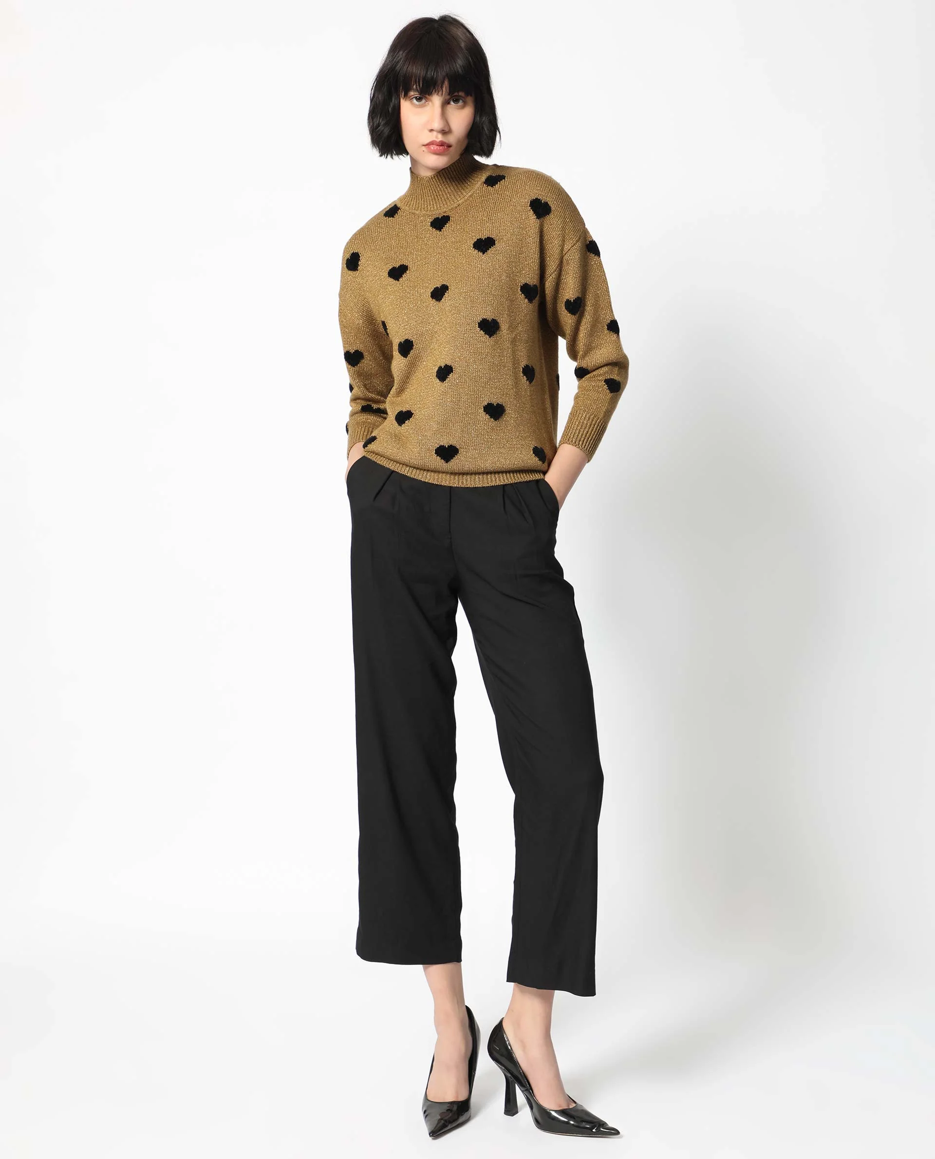 Rareism Women's Kuhret Gold Acrylic High Neck Geometric Print Regular Fit Sweater - Image 2