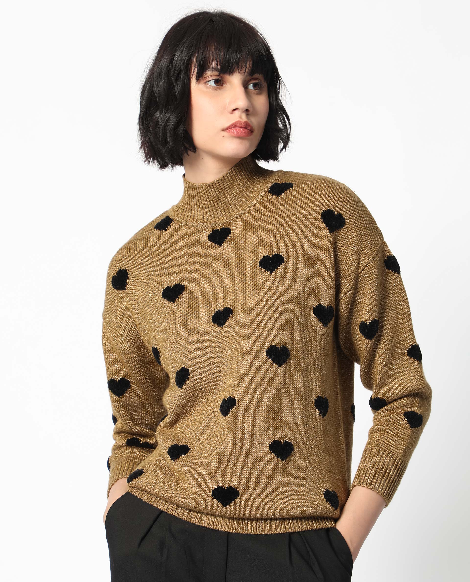 Rareism Women's Kuhret Gold Acrylic High Neck Geometric Print Regular Fit Sweater - Image 3
