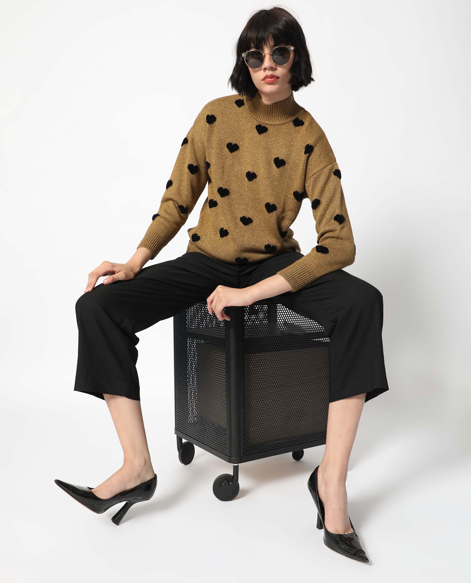 Rareism Women's Kuhret Gold Acrylic High Neck Geometric Print Regular Fit Sweater - Image 4