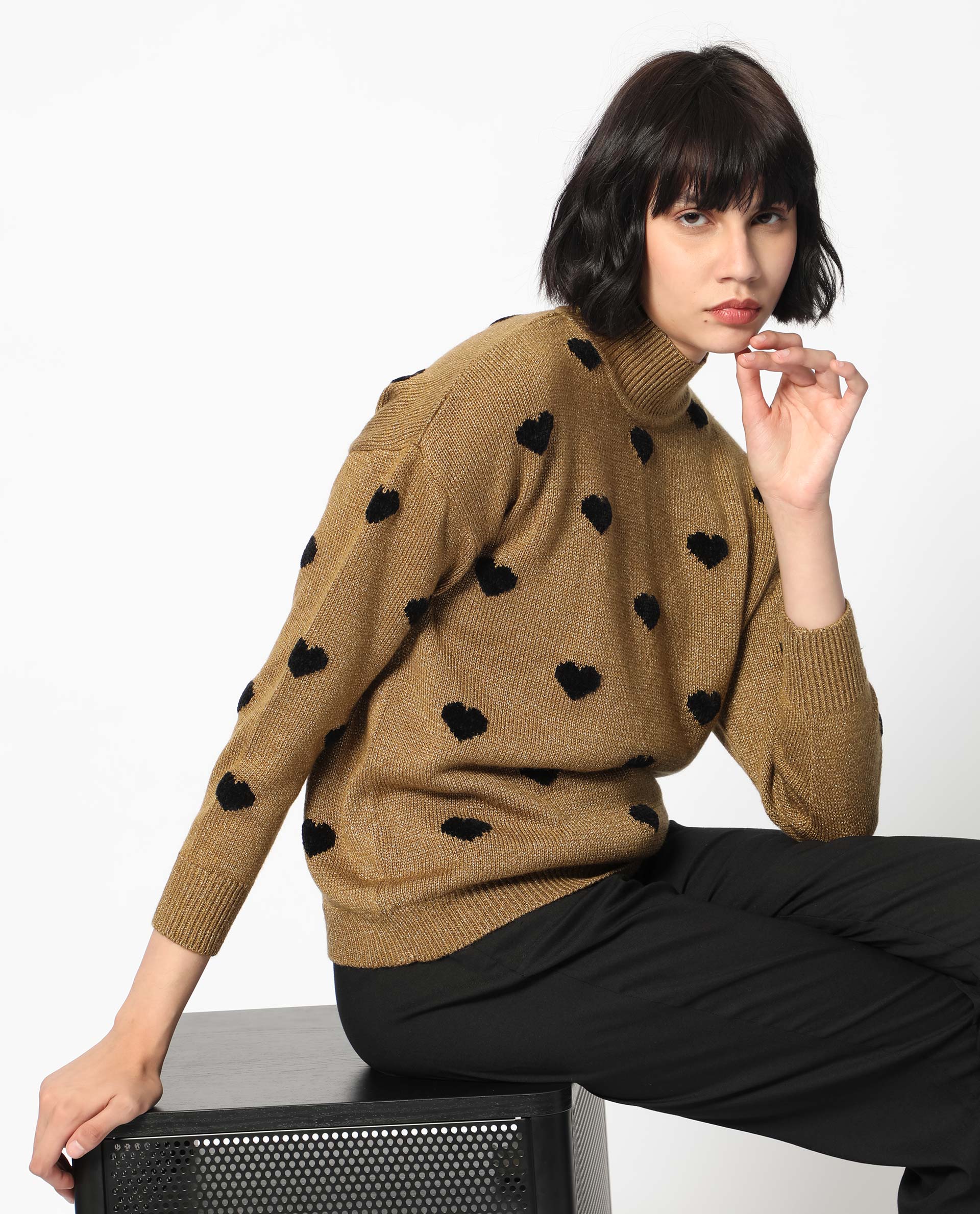 Rareism Women's Kuhret Gold Acrylic High Neck Geometric Print Regular Fit Sweater - Image 5