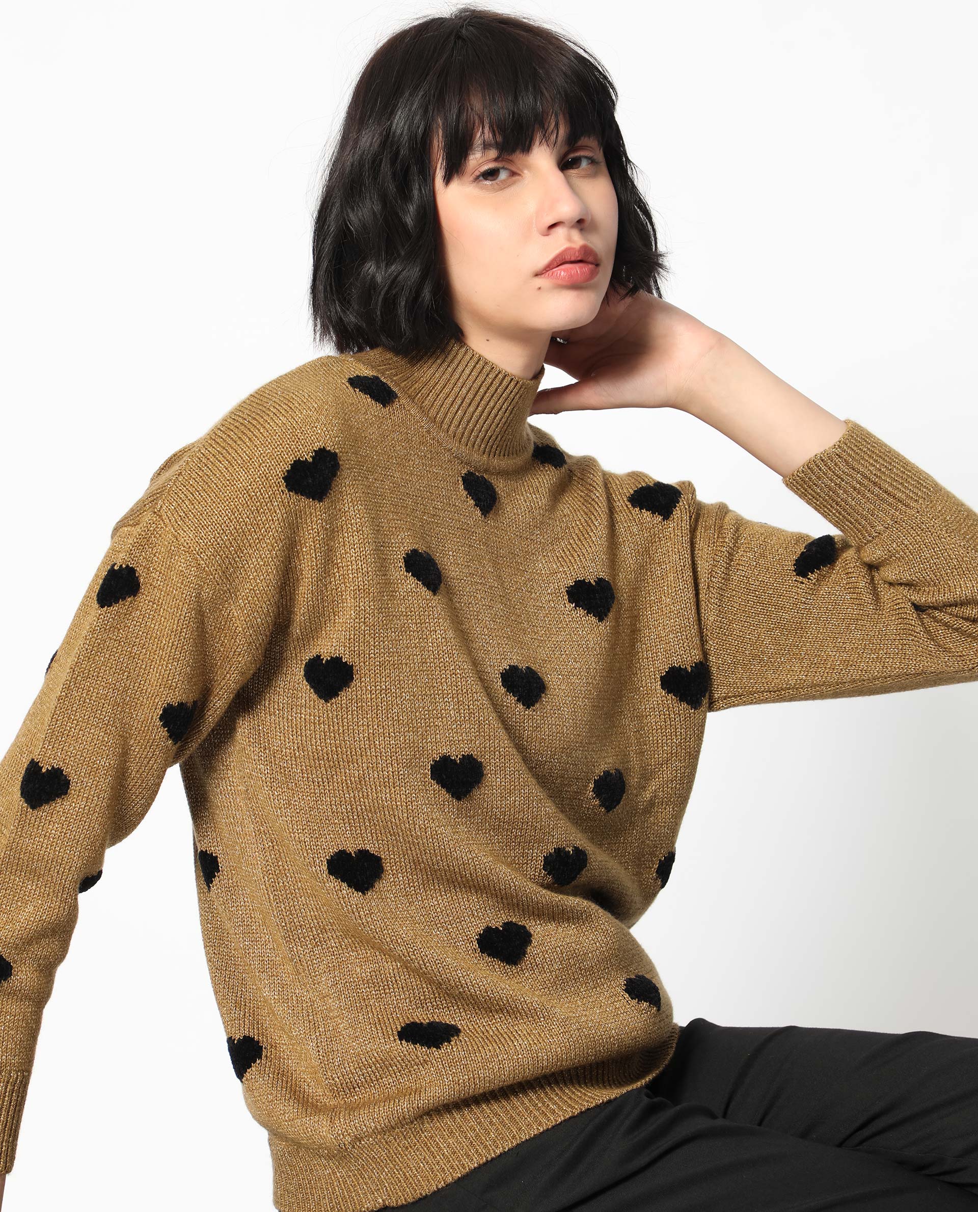 Rareism Women's Kuhret Gold Acrylic High Neck Geometric Print Regular Fit Sweater - Image 7