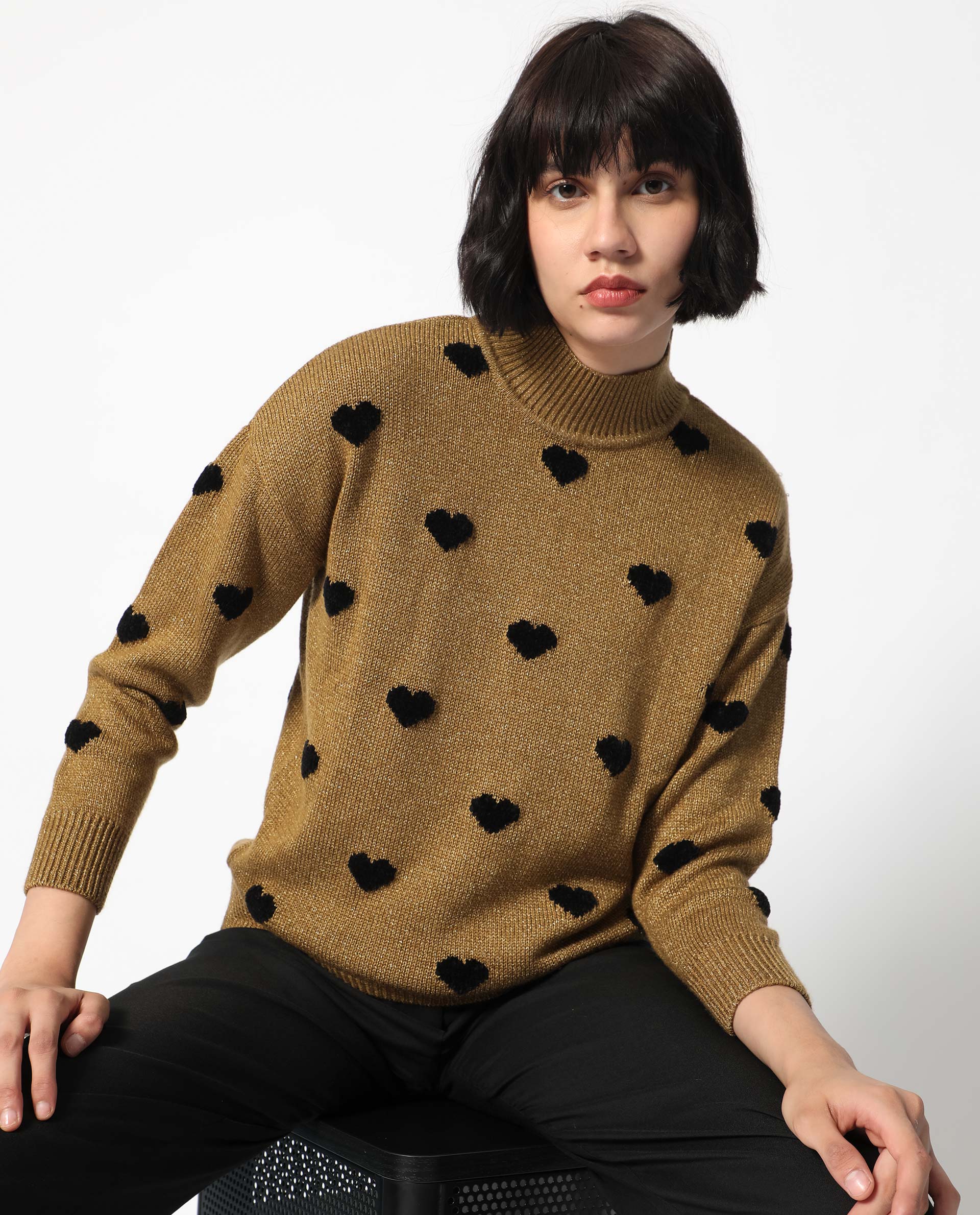 Rareism Women's Kuhret Gold Acrylic High Neck Geometric Print Regular Fit Sweater - Image 8