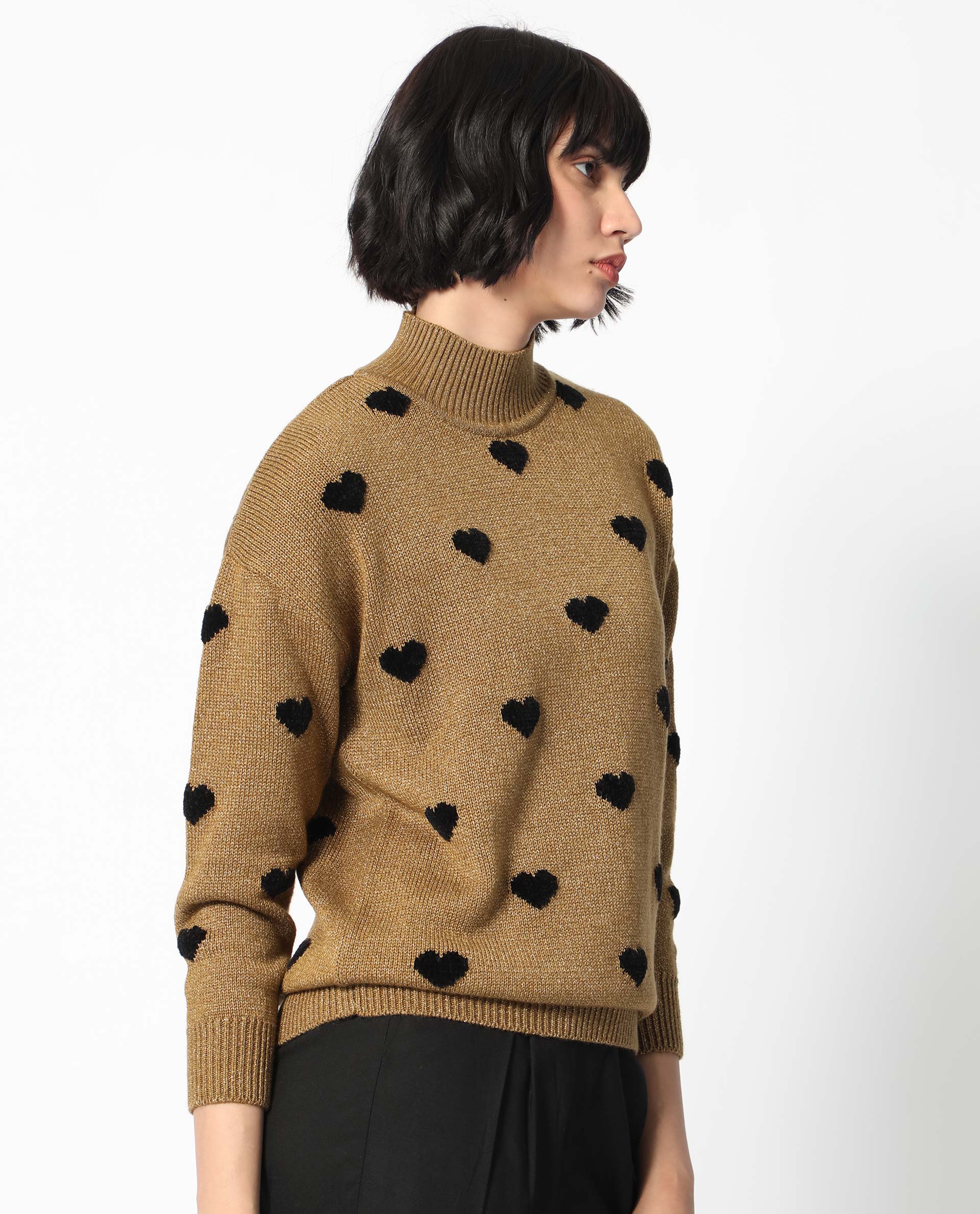 Rareism Women's Kuhret Gold Acrylic High Neck Geometric Print Regular Fit Sweater - Image 9