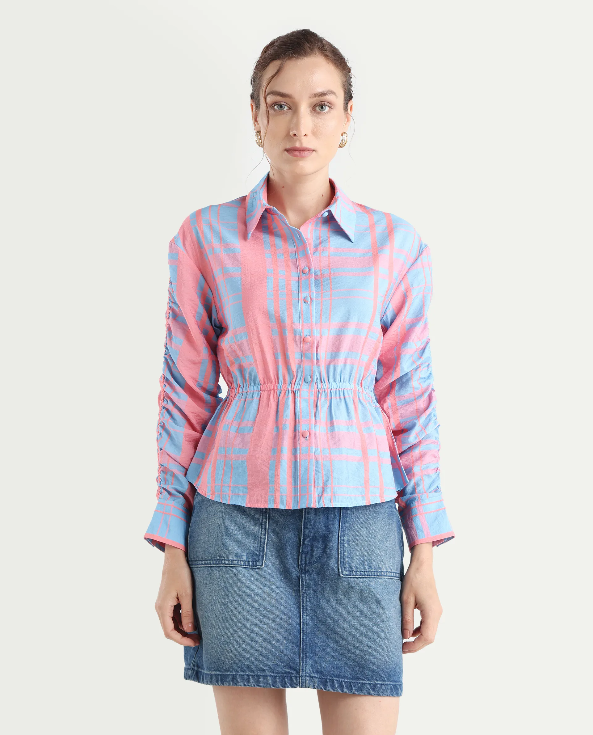 Rareism Women's Kulda Light Blue Nylon Blend Spread Collar Flannel Print Cuffed Sleeve Regular Fit Top - Image 2