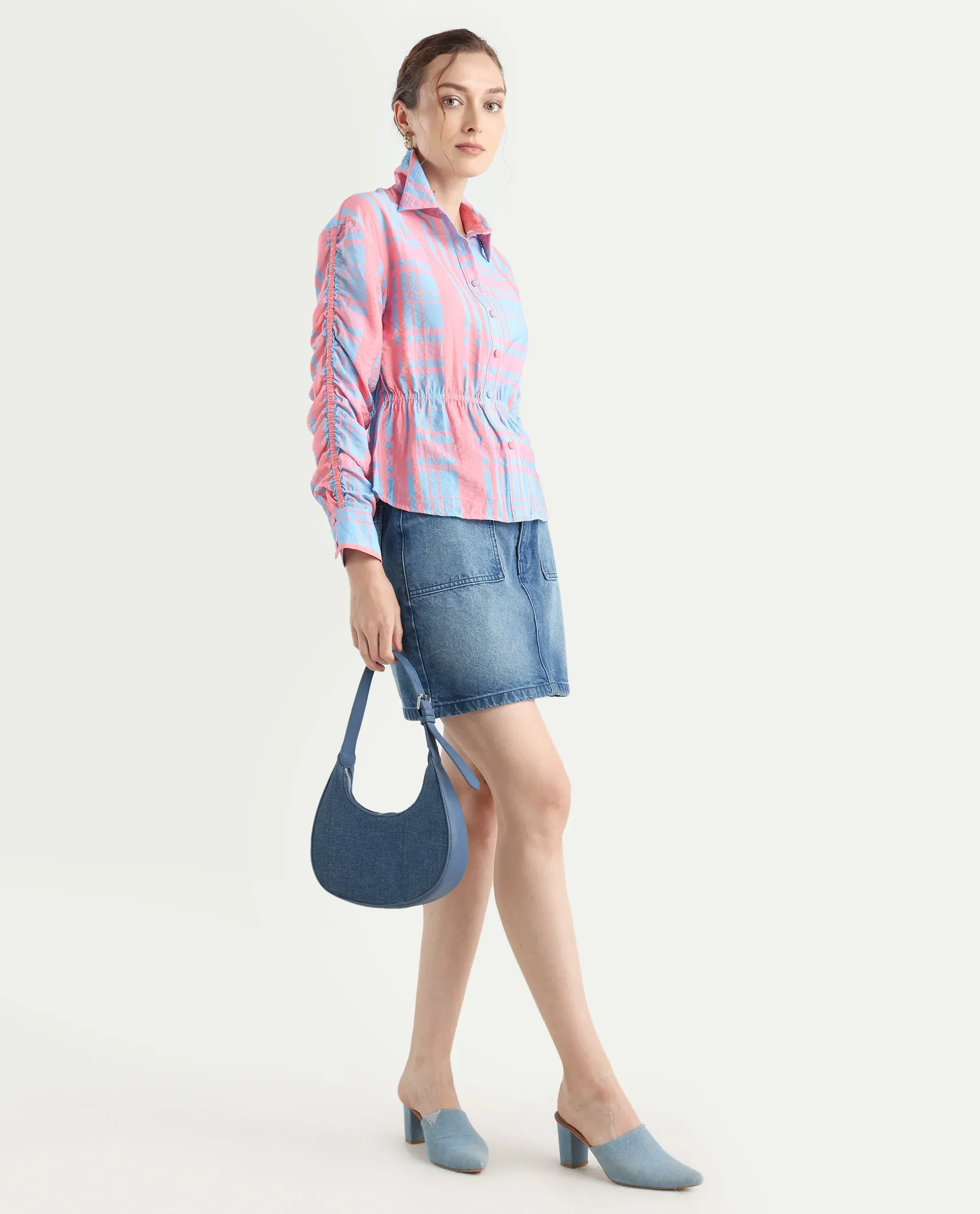 Rareism Women's Kulda Light Blue Nylon Blend Spread Collar Flannel Print Cuffed Sleeve Regular Fit Top - Image 3