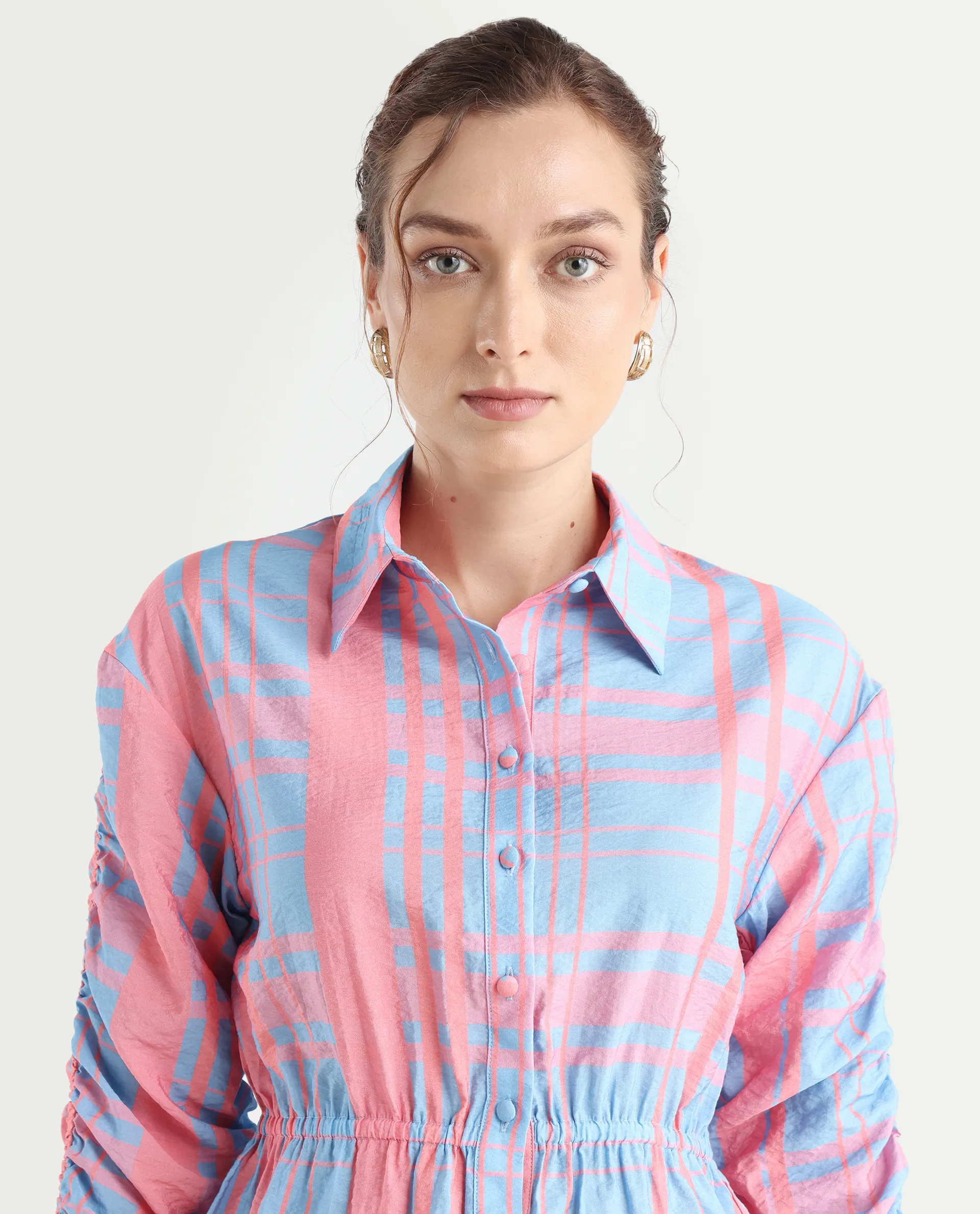 Rareism Women's Kulda Light Blue Nylon Blend Spread Collar Flannel Print Cuffed Sleeve Regular Fit Top - Image 4