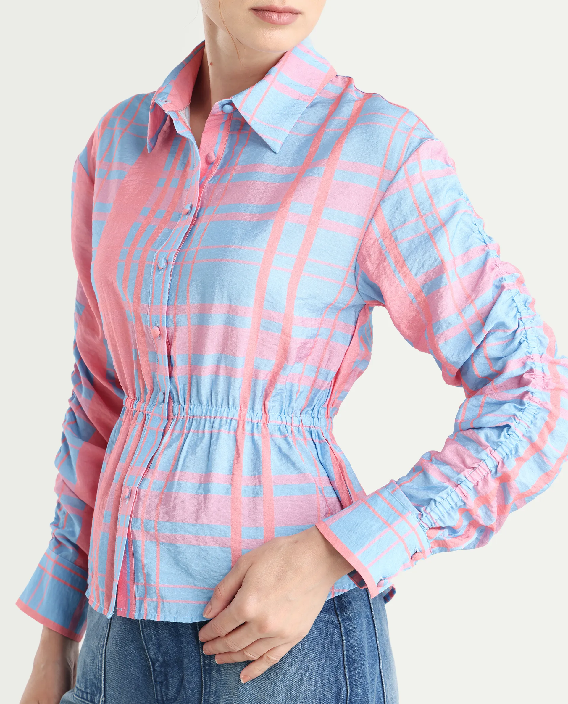 Rareism Women's Kulda Light Blue Nylon Blend Spread Collar Flannel Print Cuffed Sleeve Regular Fit Top - Image 5
