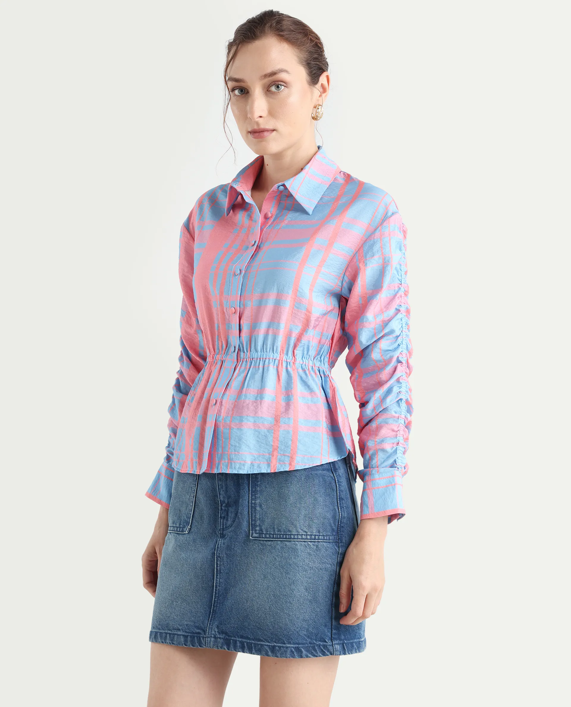 Rareism Women's Kulda Light Blue Nylon Blend Spread Collar Flannel Print Cuffed Sleeve Regular Fit Top - Image 6