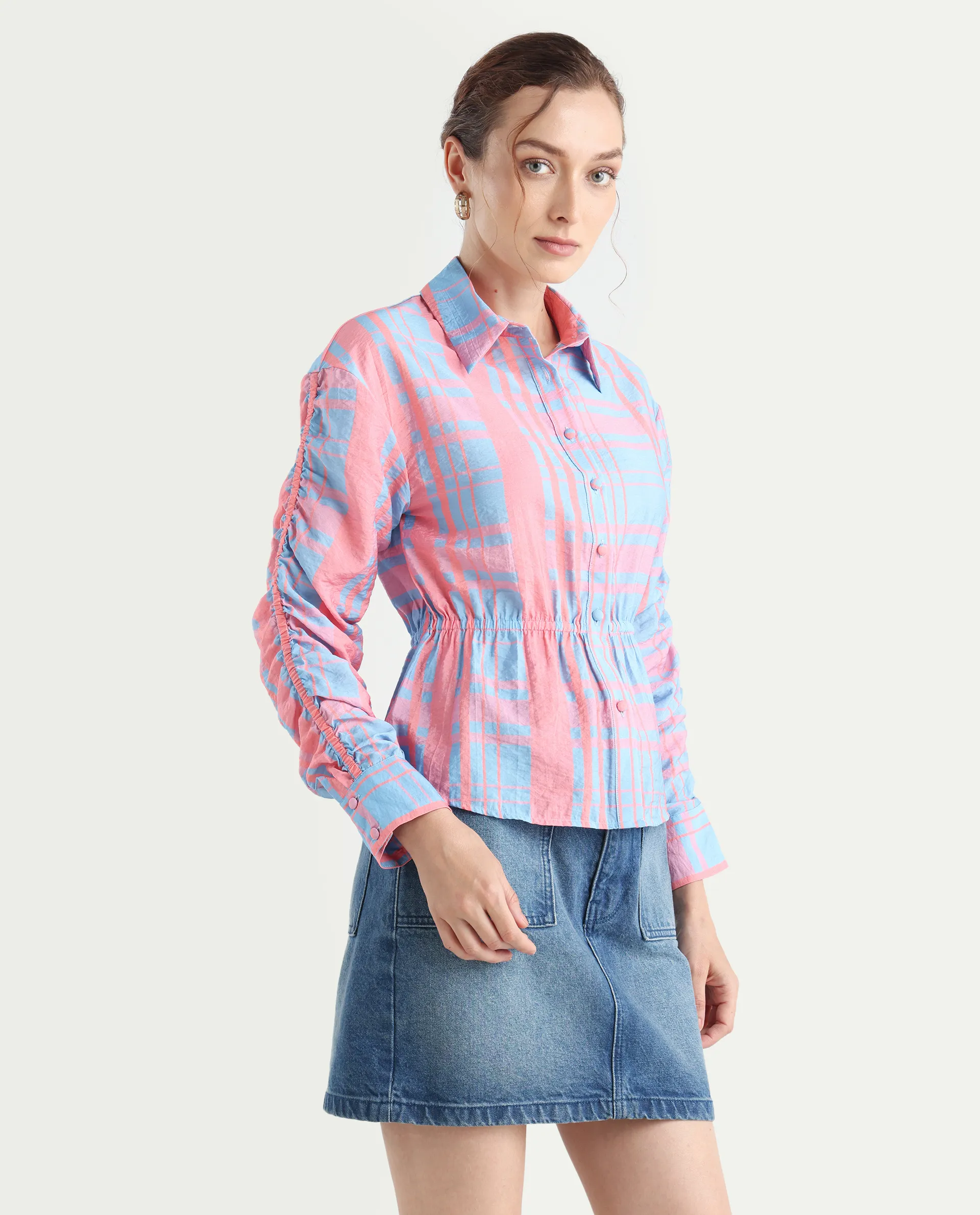 Rareism Women's Kulda Light Blue Nylon Blend Spread Collar Flannel Print Cuffed Sleeve Regular Fit Top - Image 7