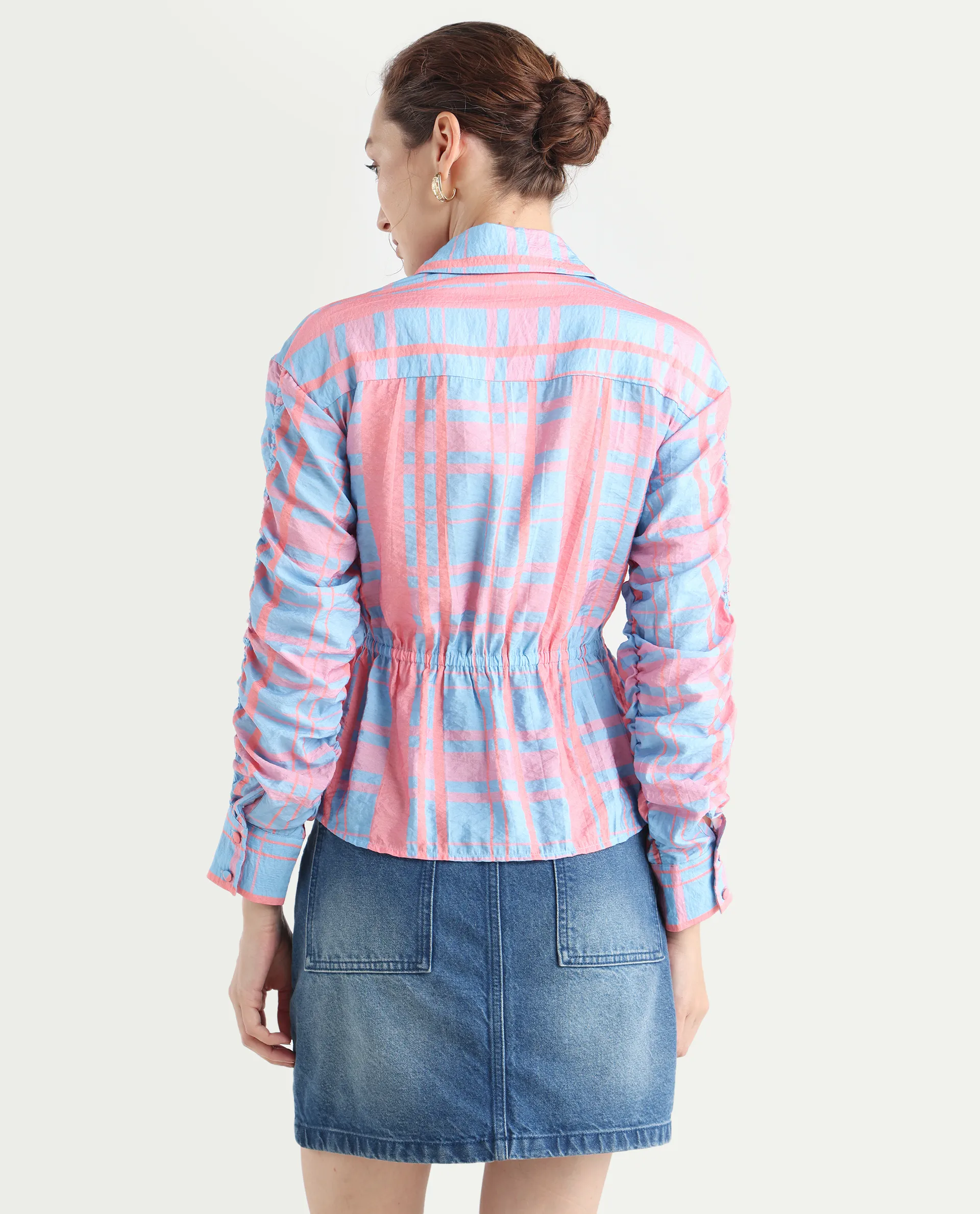 Rareism Women's Kulda Light Blue Nylon Blend Spread Collar Flannel Print Cuffed Sleeve Regular Fit Top - Image 8