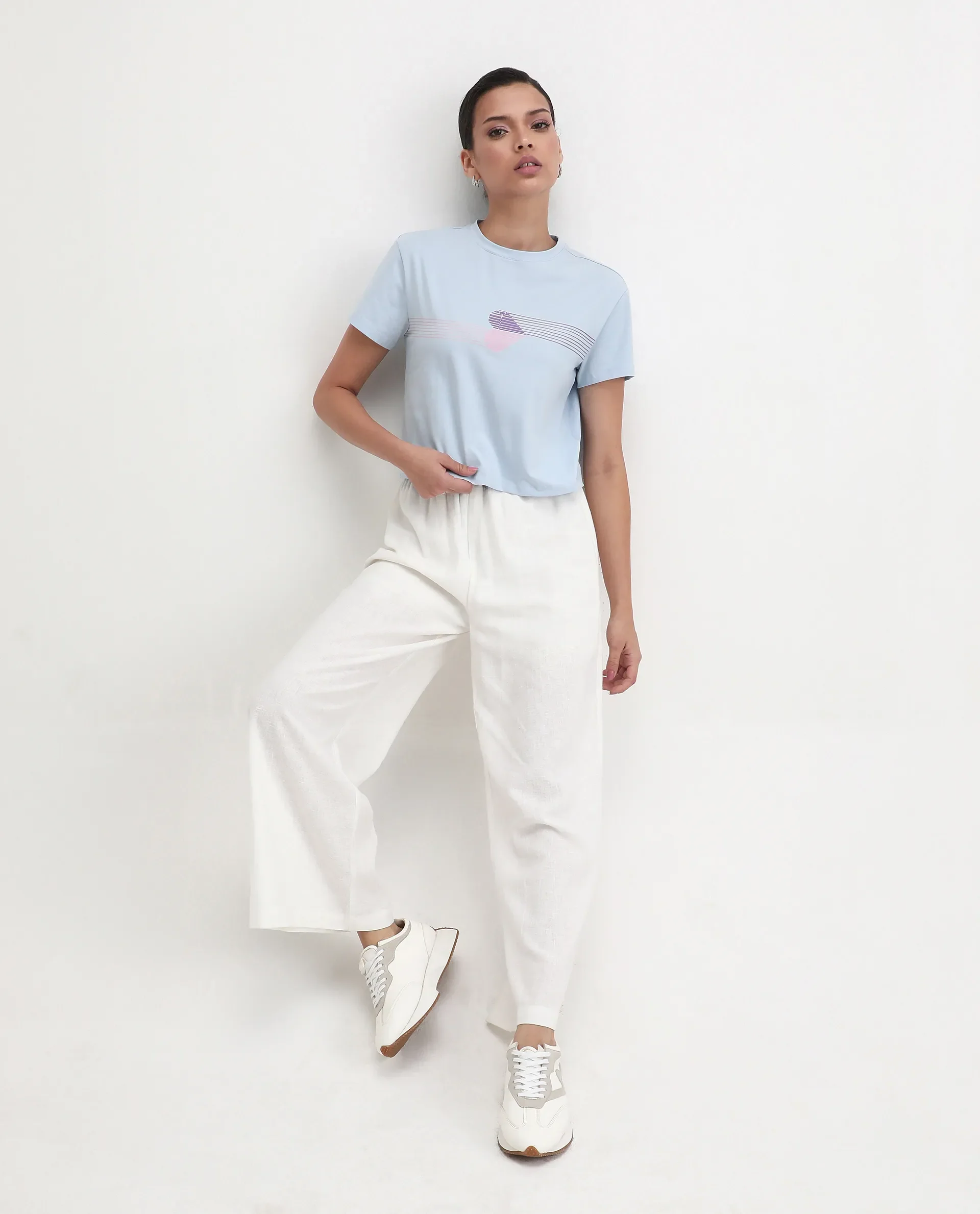 Rareism Women's Kuncro Light Blue Cotton Blend Crew Neck Graphic Print Crop Regular Fit T-Shirt - Image 2