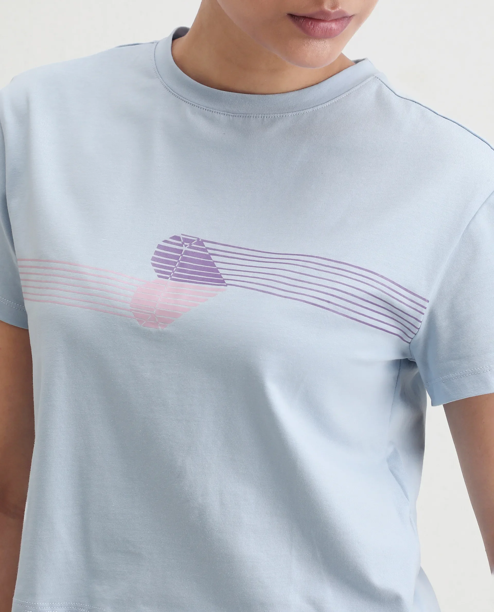Rareism Women's Kuncro Light Blue Cotton Blend Crew Neck Graphic Print Crop Regular Fit T-Shirt - Image 3