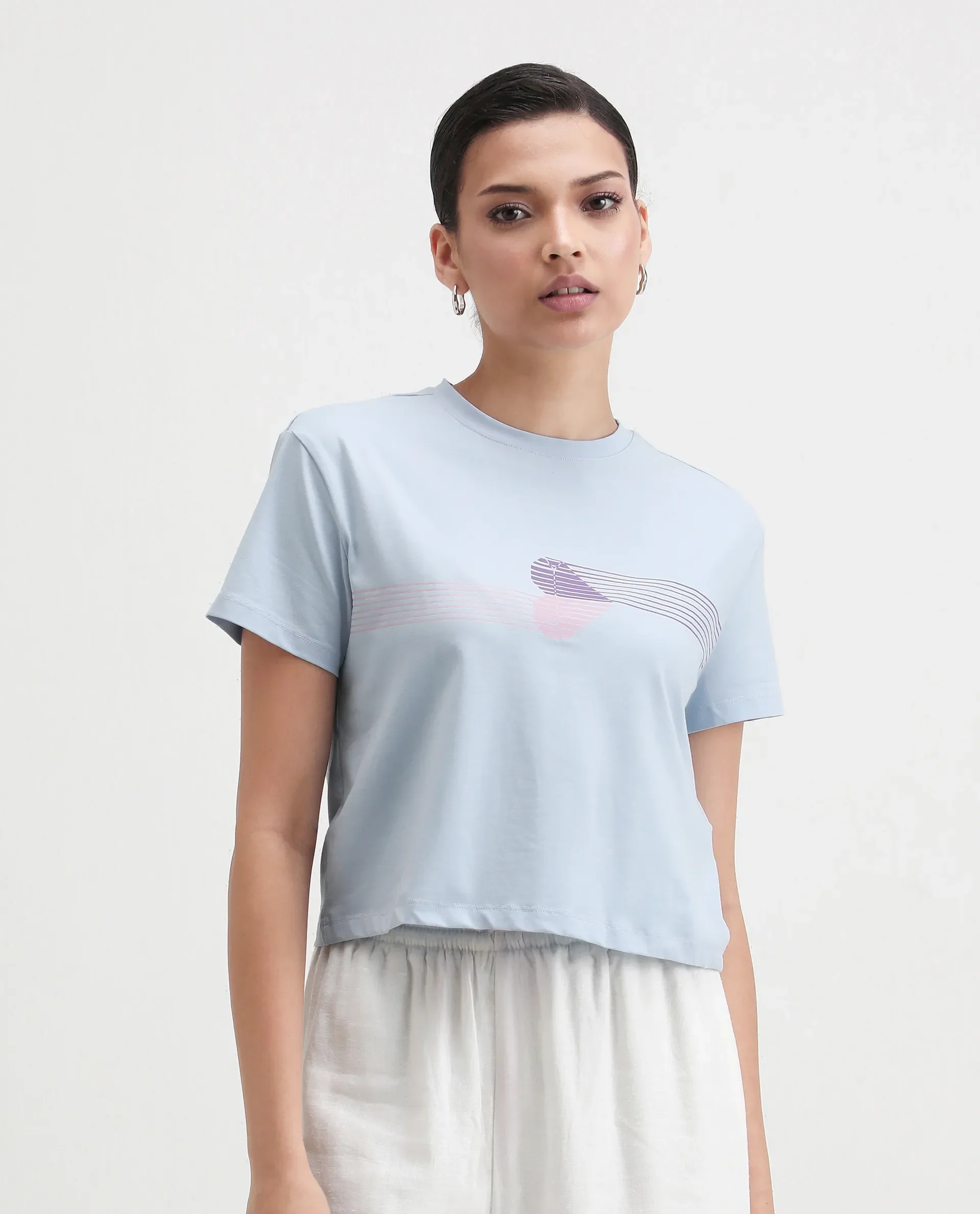 Rareism Women's Kuncro Light Blue Cotton Blend Crew Neck Graphic Print Crop Regular Fit T-Shirt - Image 4
