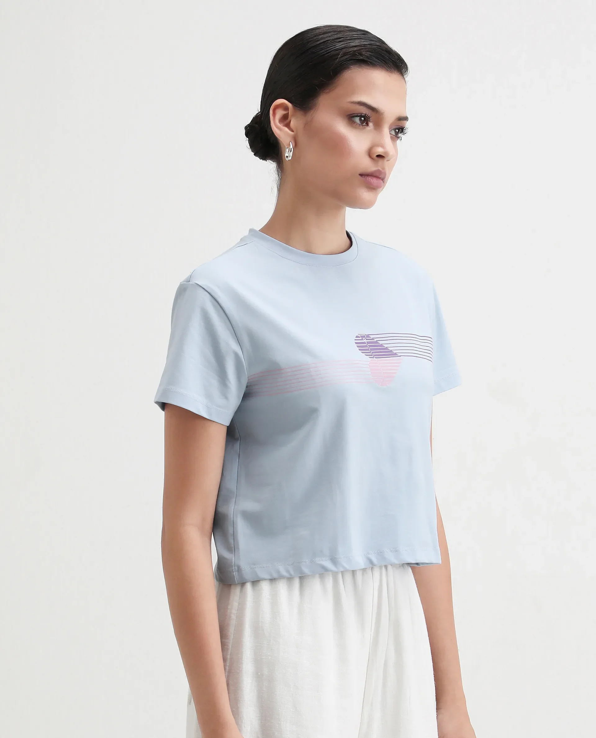 Rareism Women's Kuncro Light Blue Cotton Blend Crew Neck Graphic Print Crop Regular Fit T-Shirt - Image 5