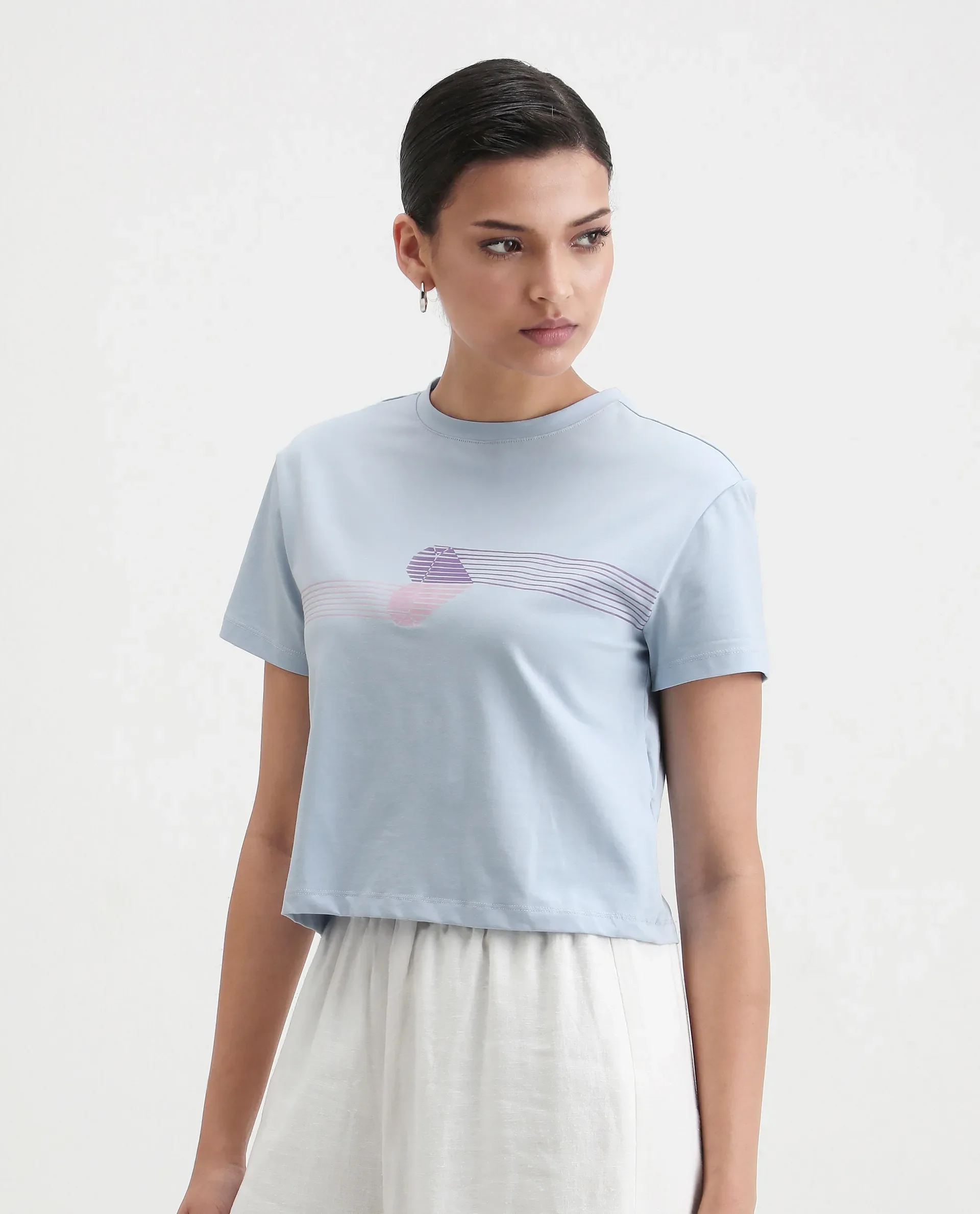 Rareism Women's Kuncro Light Blue Cotton Blend Crew Neck Graphic Print Crop Regular Fit T-Shirt - Image 6