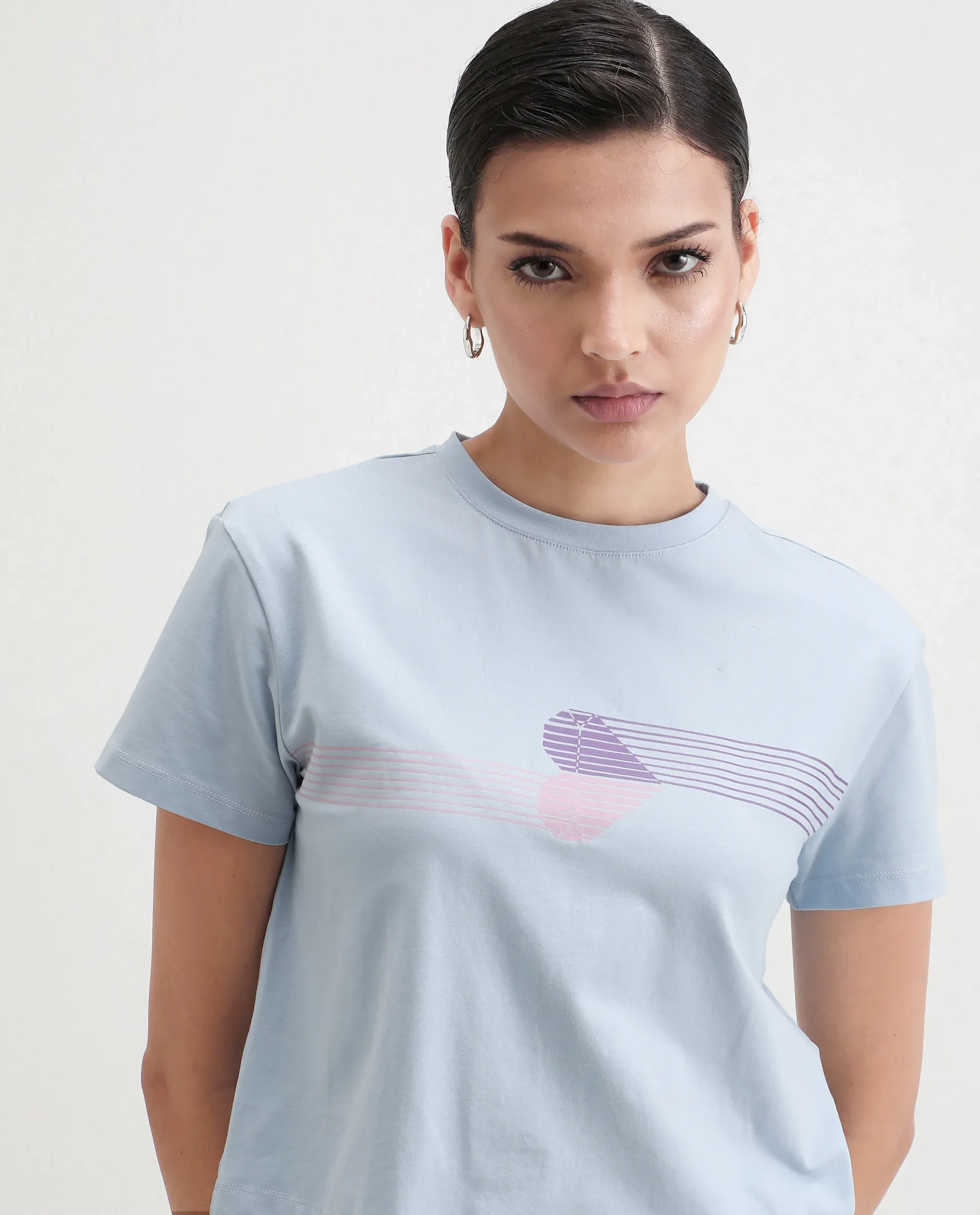Rareism Women's Kuncro Light Blue Cotton Blend Crew Neck Graphic Print Crop Regular Fit T-Shirt - Image 7