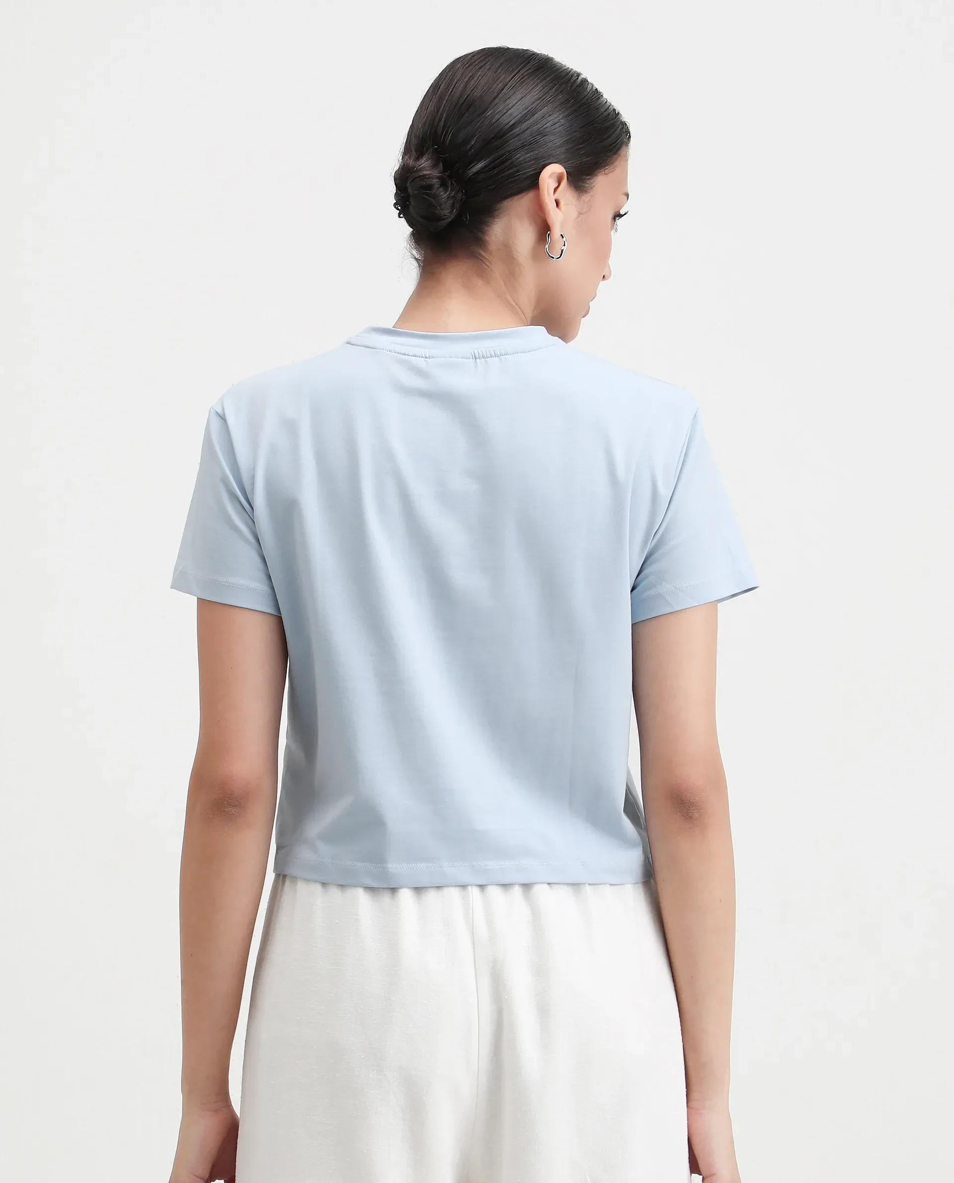 Rareism Women's Kuncro Light Blue Cotton Blend Crew Neck Graphic Print Crop Regular Fit T-Shirt - Image 8