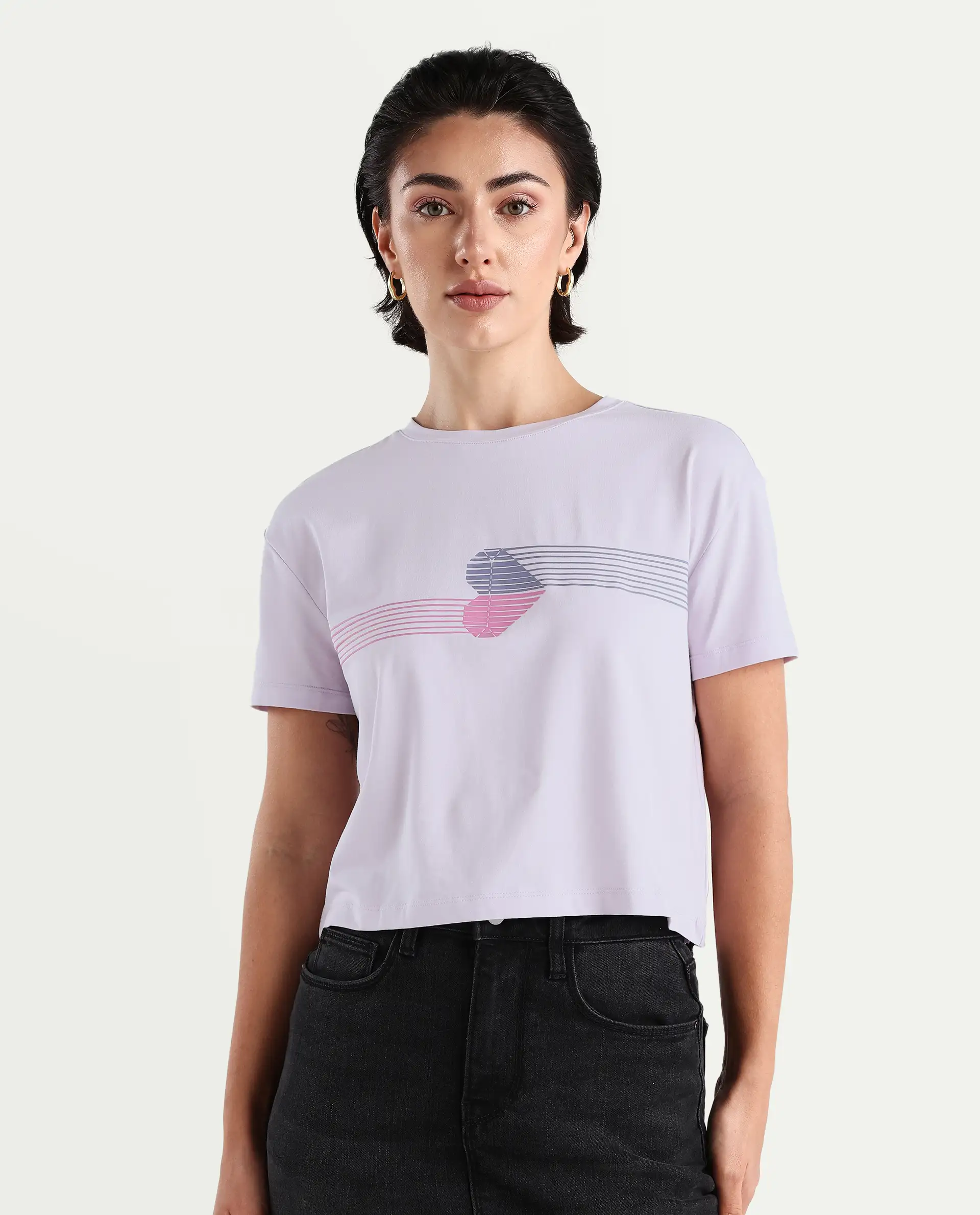 Rareism Women's Kuncro Pastel Purple Cotton Blend Crew Neck Graphic Print Crop Regular Fit T-Shirt - Image 4