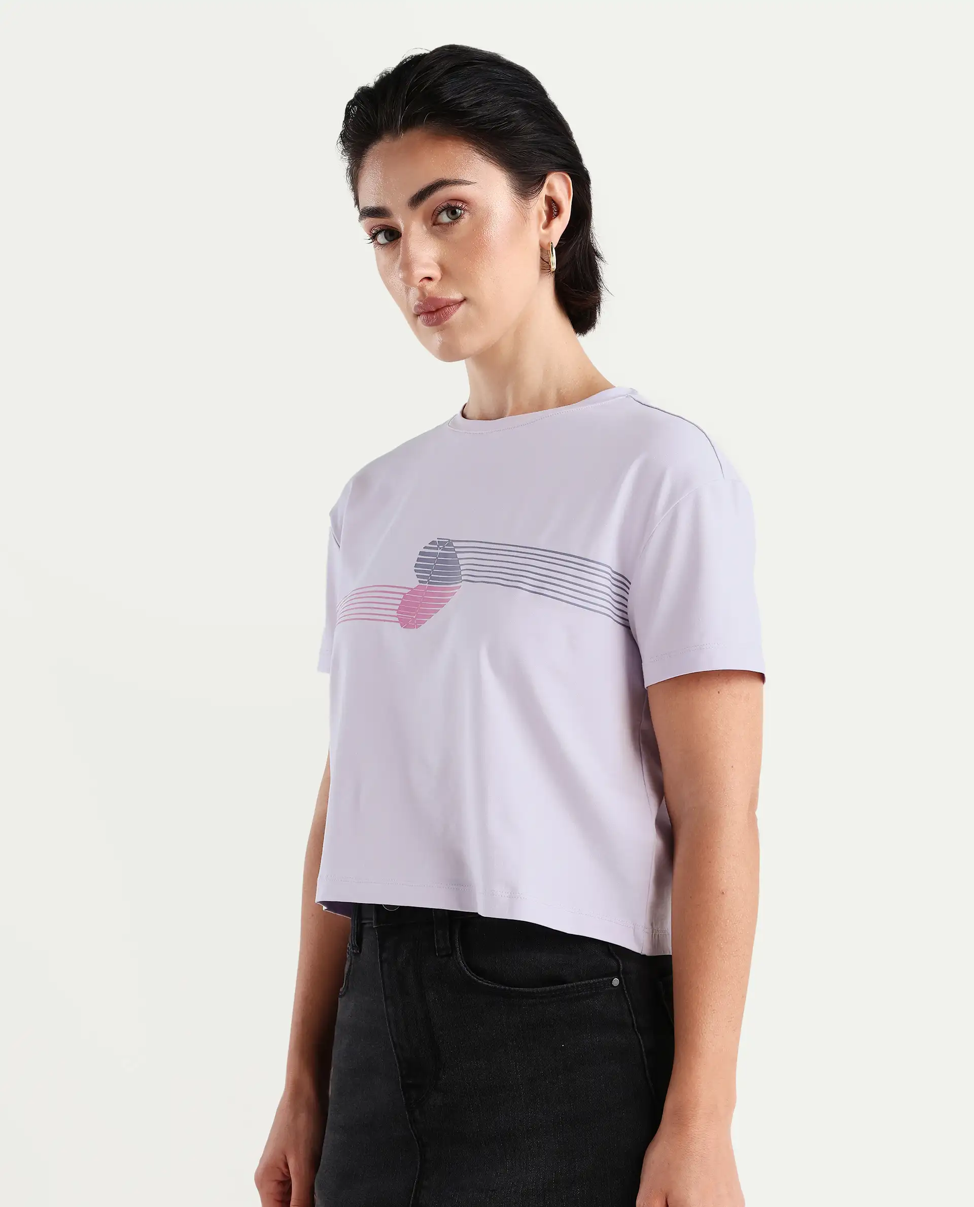 Rareism Women's Kuncro Pastel Purple Cotton Blend Crew Neck Graphic Print Crop Regular Fit T-Shirt - Image 5