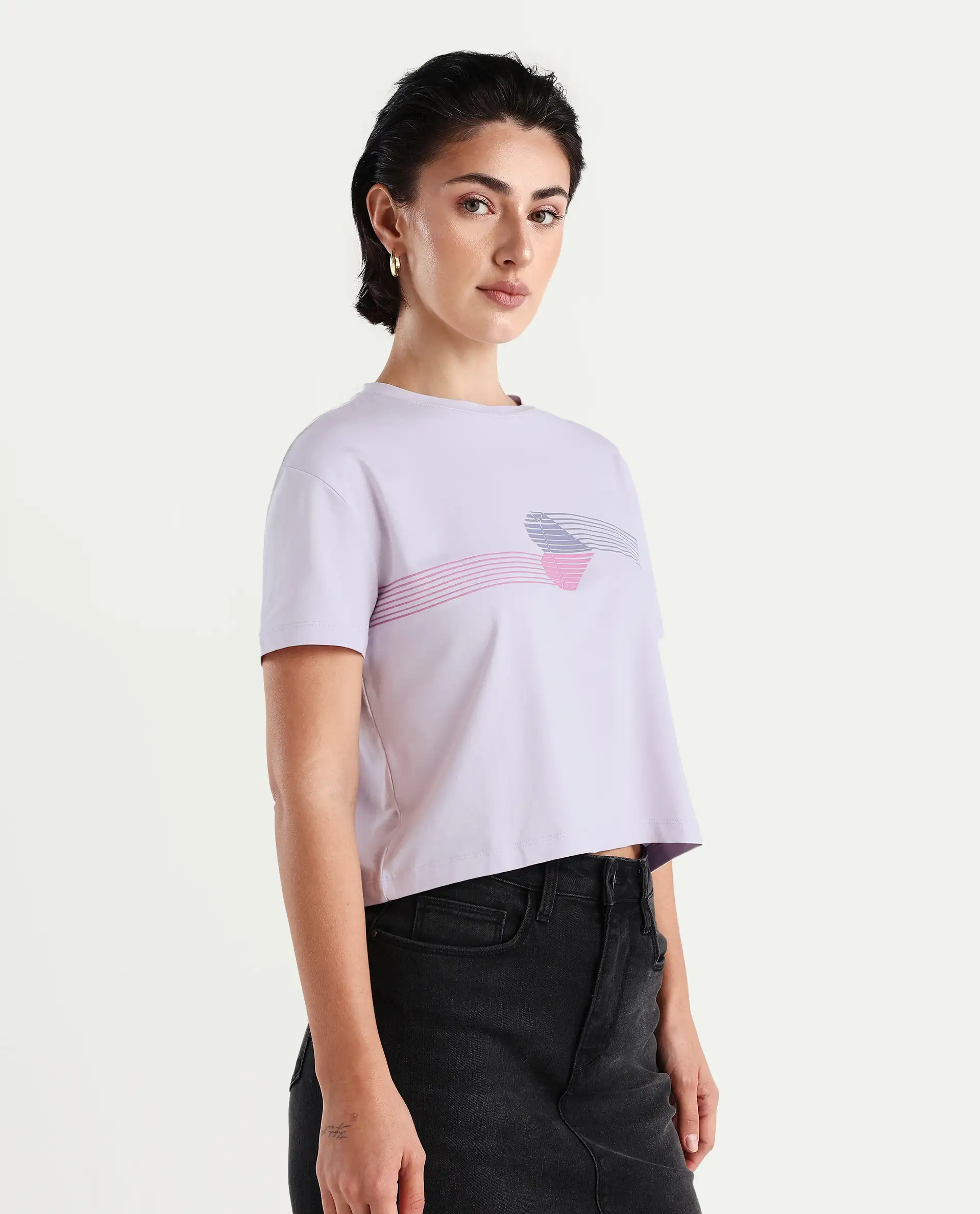 Rareism Women's Kuncro Pastel Purple Cotton Blend Crew Neck Graphic Print Crop Regular Fit T-Shirt - Image 6