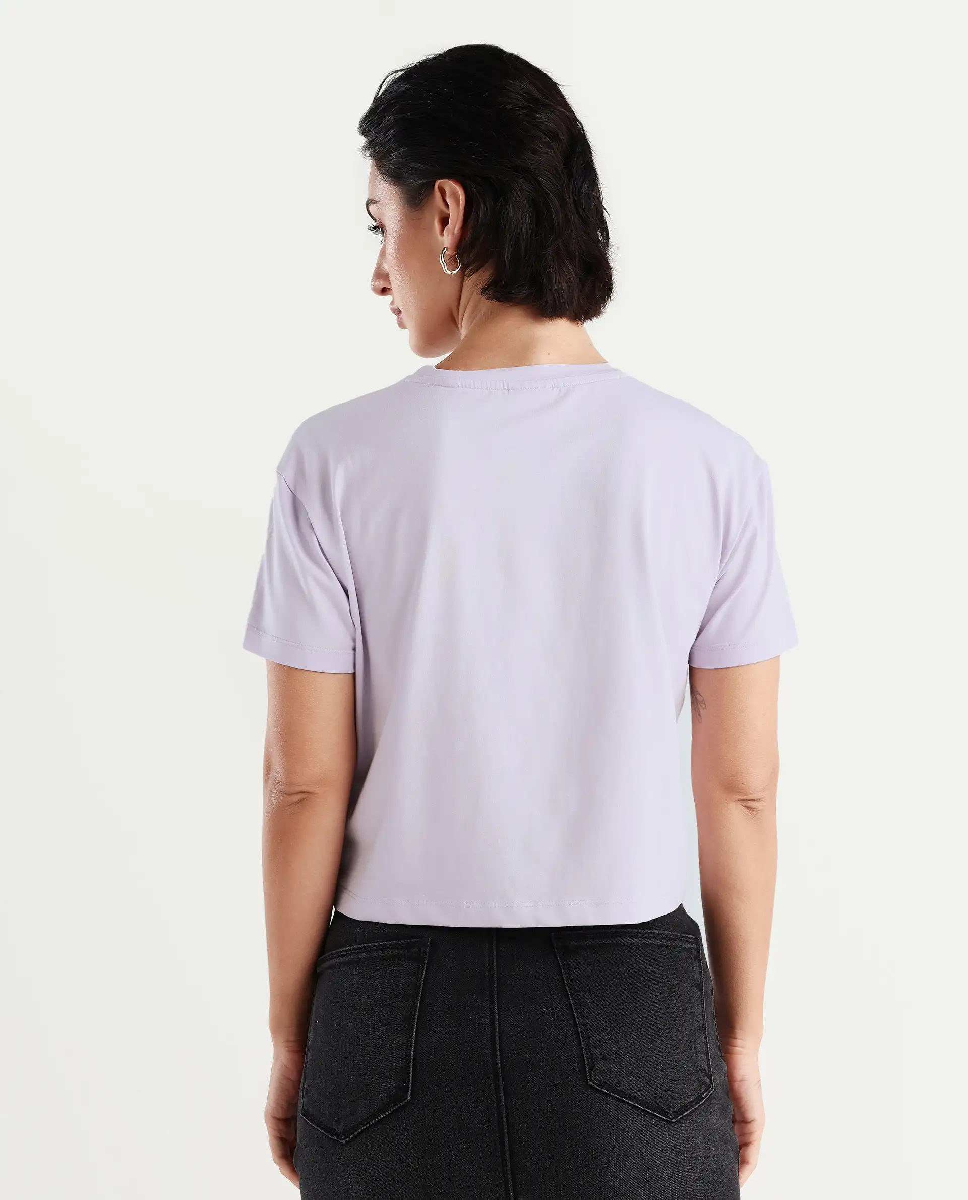 Rareism Women's Kuncro Pastel Purple Cotton Blend Crew Neck Graphic Print Crop Regular Fit T-Shirt - Image 7
