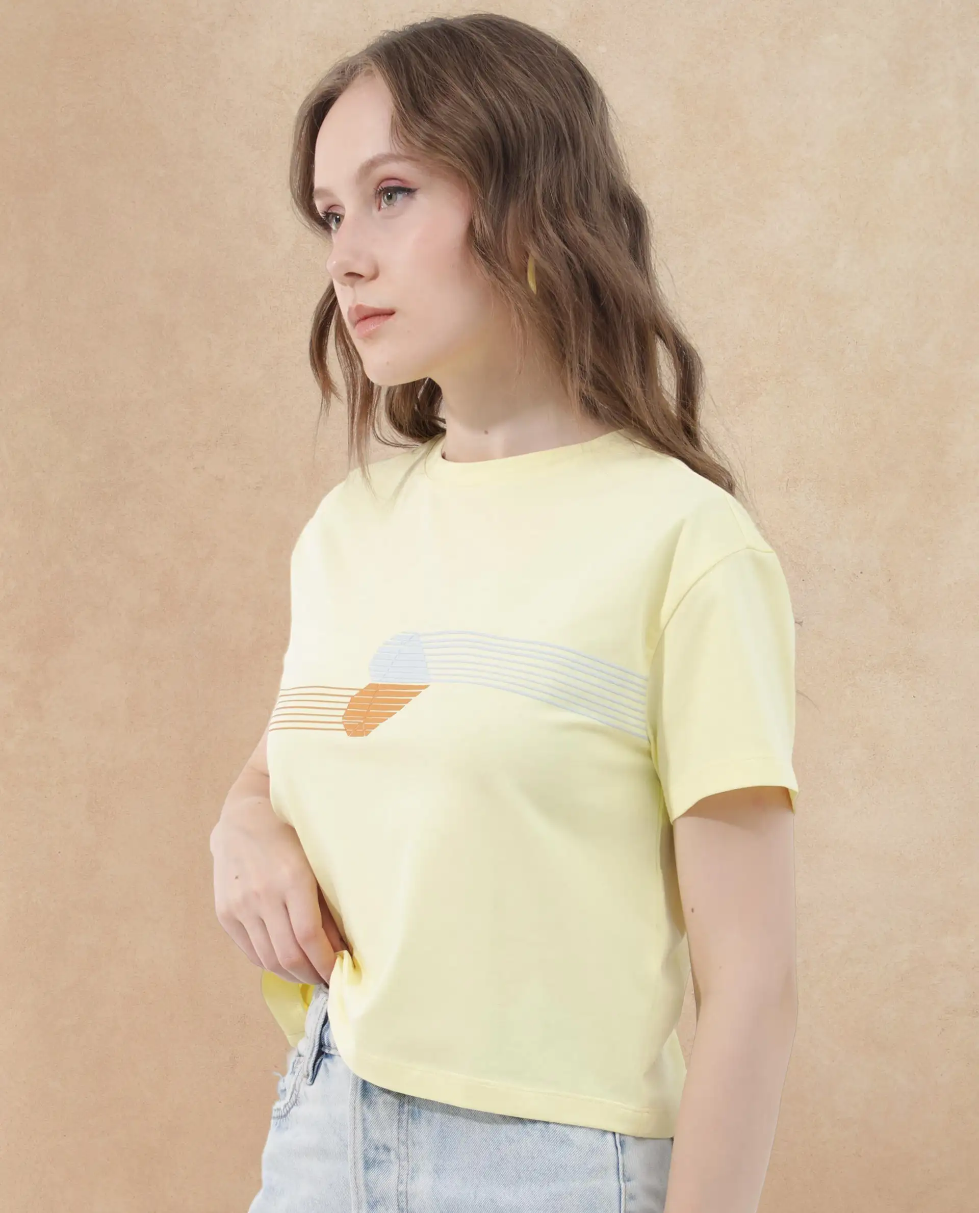 Rareism Women's Kuncro Yellow Cotton Blend Crew Neck Graphic Print Crop Regular Fit T-Shirt - Image 3