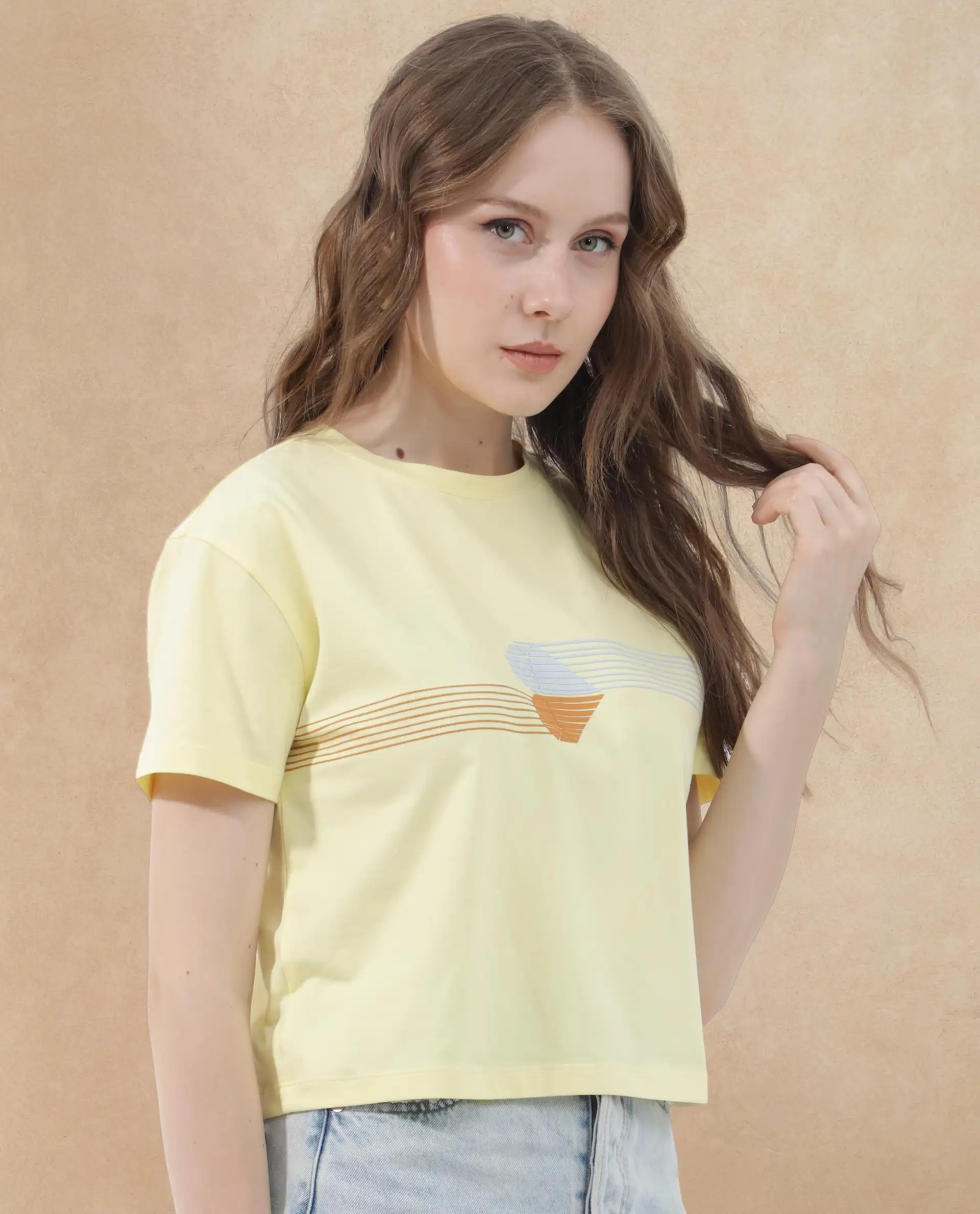 Rareism Women's Kuncro Yellow Cotton Blend Crew Neck Graphic Print Crop Regular Fit T-Shirt - Image 4
