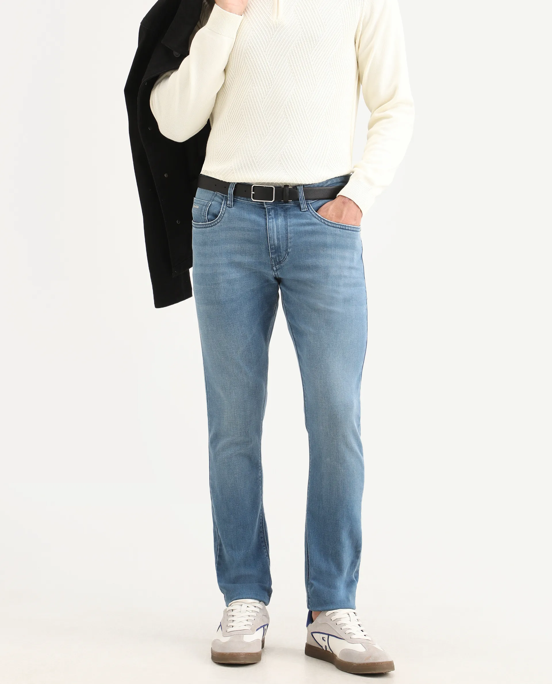 Rare Rabbit Men's Kunor Blue Cotton Blend Fabric Hawk Slim Fit Plain Jeans - Image 2