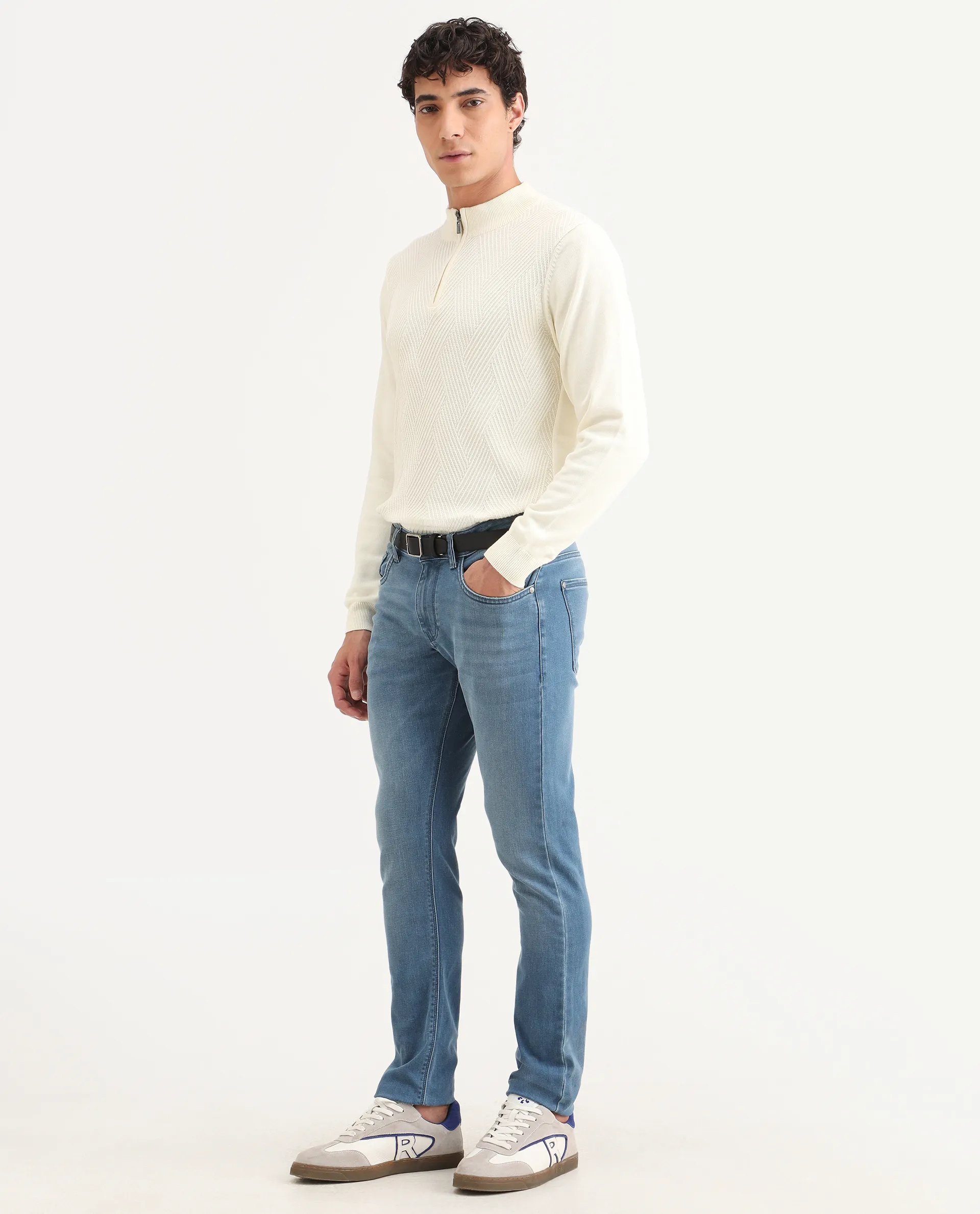 Rare Rabbit Men's Kunor Blue Cotton Blend Fabric Hawk Slim Fit Plain Jeans - Image 4