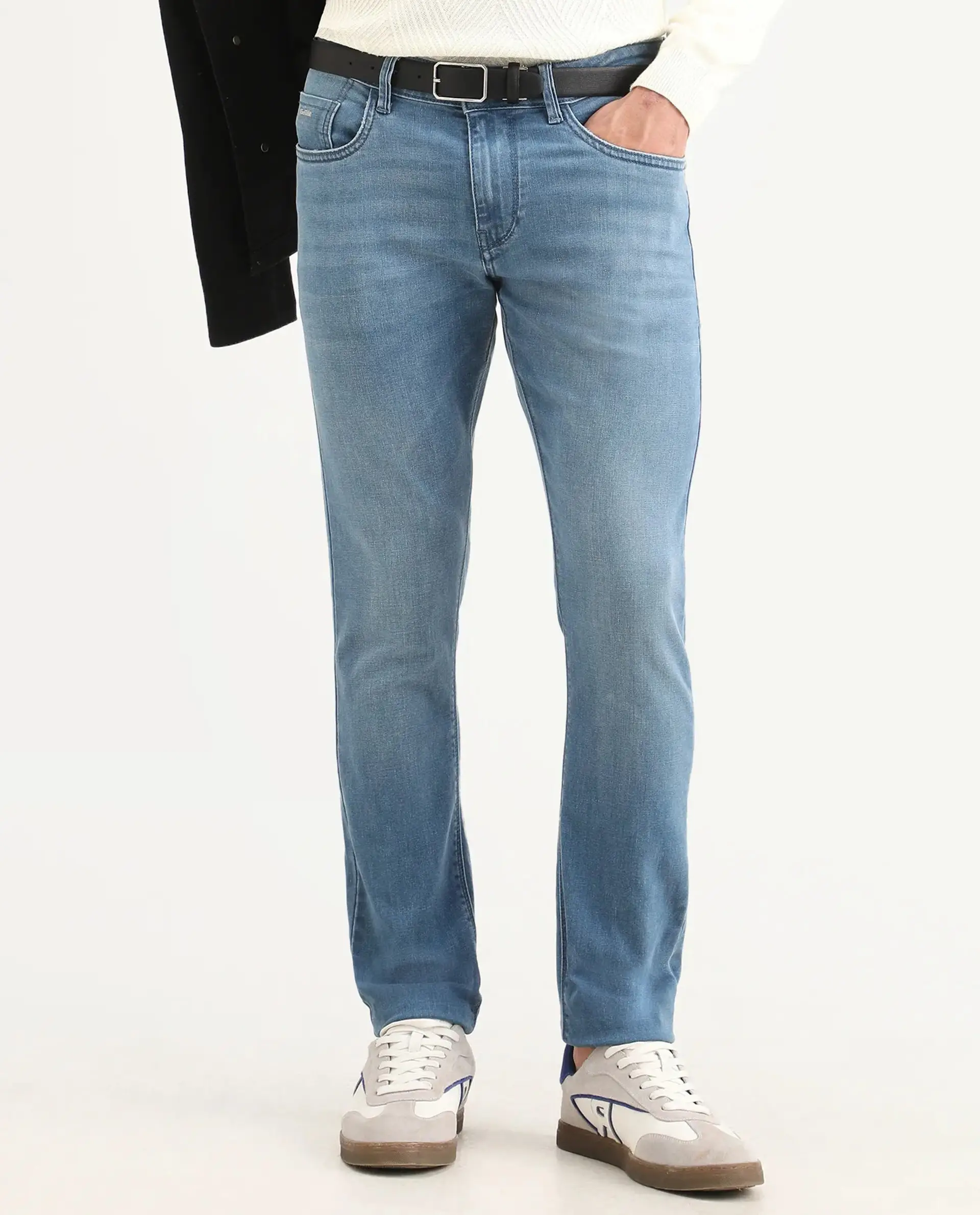 Rare Rabbit Men's Kunor Blue Cotton Blend Fabric Hawk Slim Fit Plain Jeans - Image 9